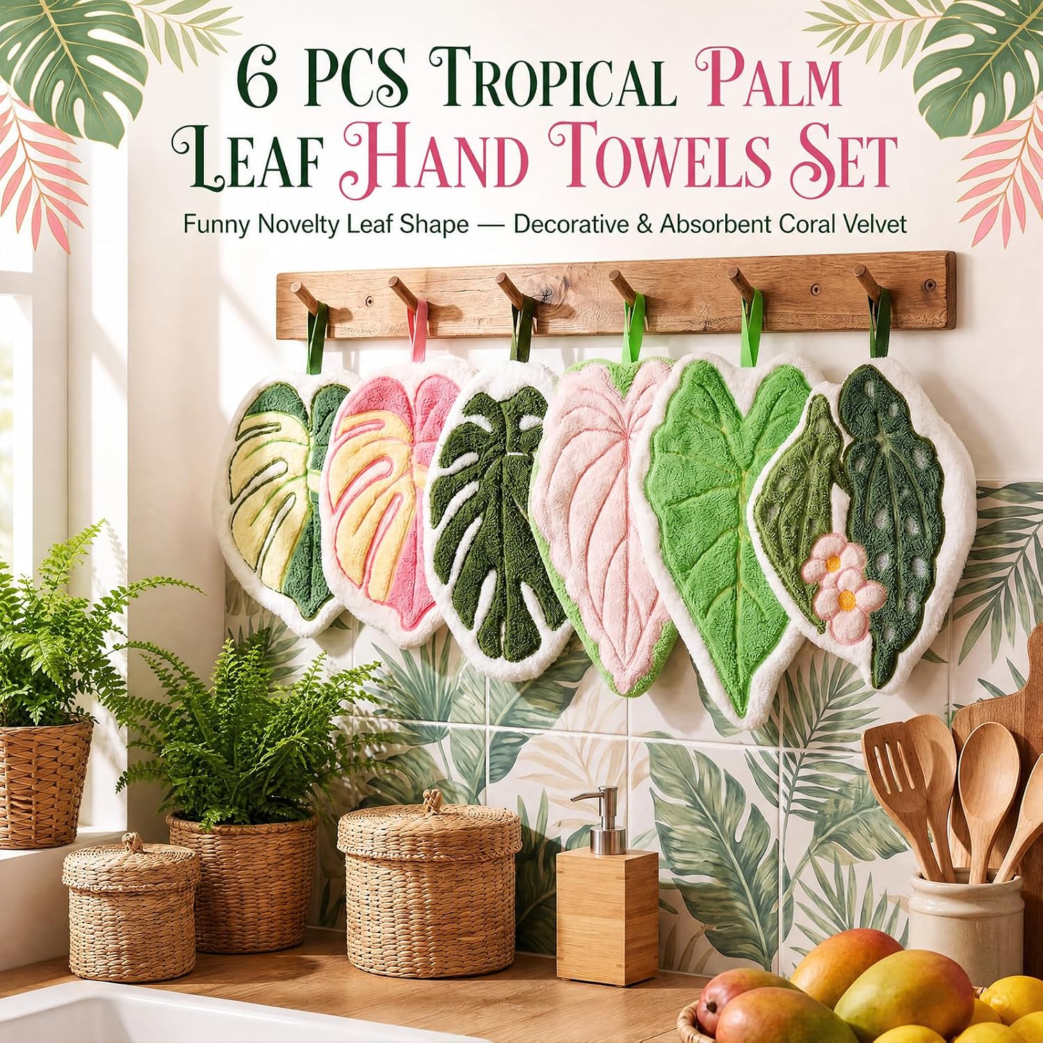 6 Pcs Leaf Shape Hand Towels, Cute Hanging Face Towel, Tropical Absorbent Coral Velvet, Green and Pink Bathroom Decor, Fun Plant Towel for Kitchen Housewarming Plant Lovers Gift(Bright)