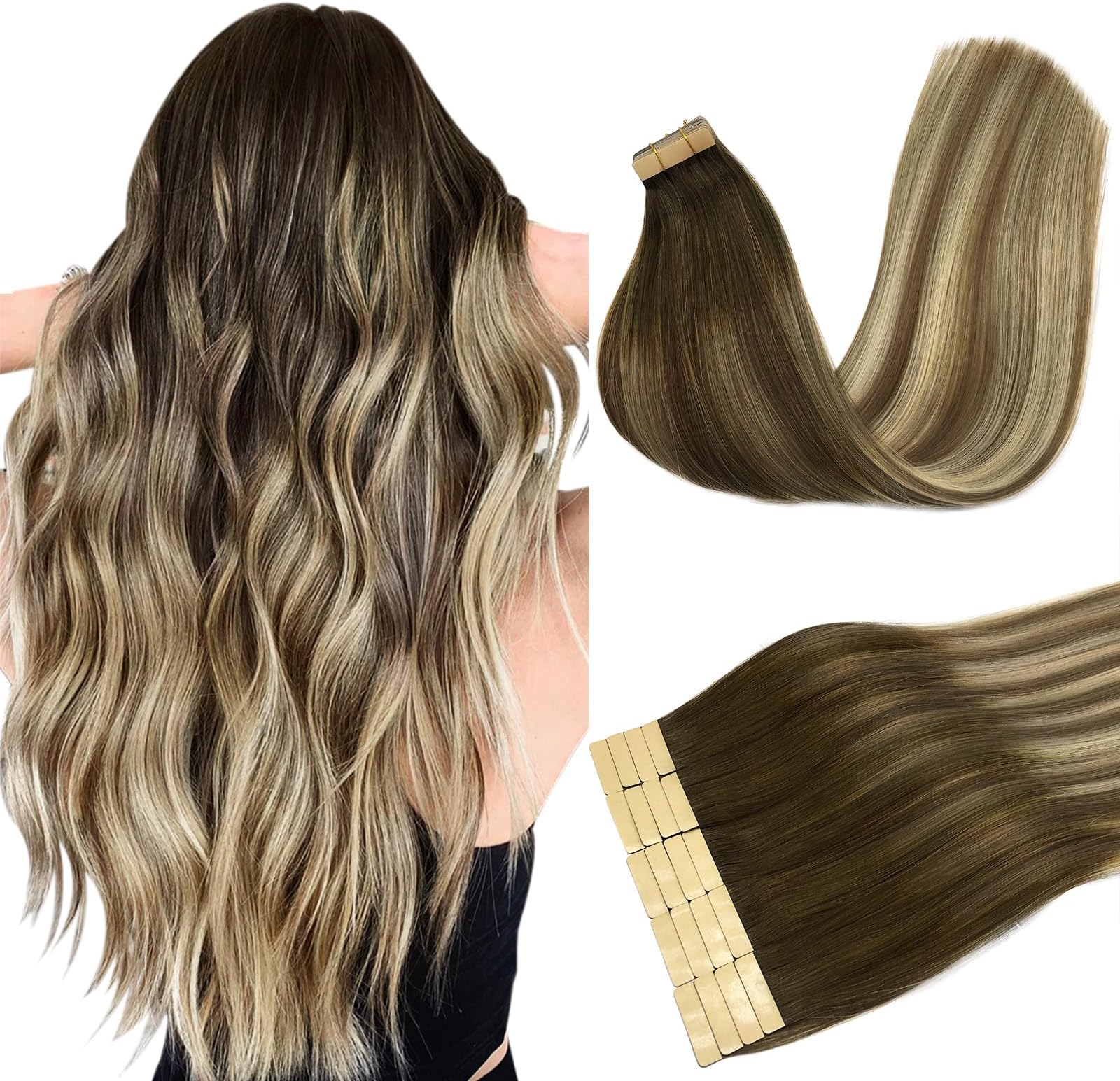 DOORES Tape in Hair Extensions Human Hair Balayage Walnut Brown to Ash Brown and Bleach Blonde 16 Inch 20pcs 50g Straight Real Hair Extensions