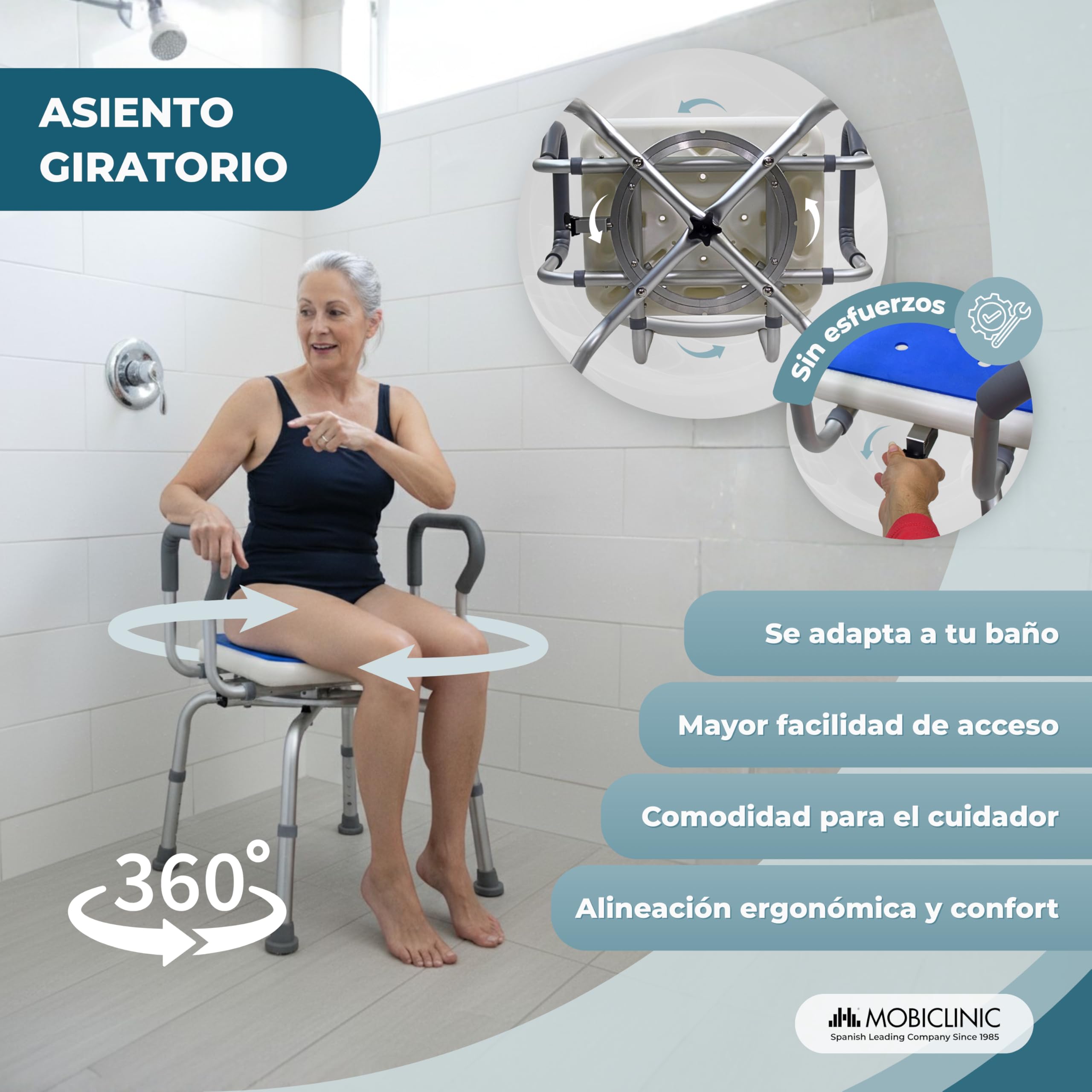 Mobiclinic®, Silla de Baño Giratoria 360°, Apoyabrazos y Respaldo, Altura Regulable, Asiento con Almohadilla EVA, Conteras Antideslizantes, Aluminio, para Mayores, Movilidad Reducida, Akila