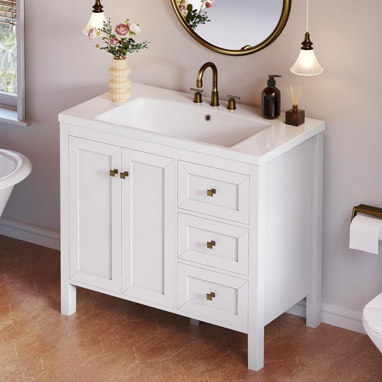 DWVO 36 Inch Bathroom Vanity with Sink Combo, Modern Bathroom Storage Cabinet with Resin Basin, Three Holes, 2 Doors & 3 Drawers, White 36 Inch White