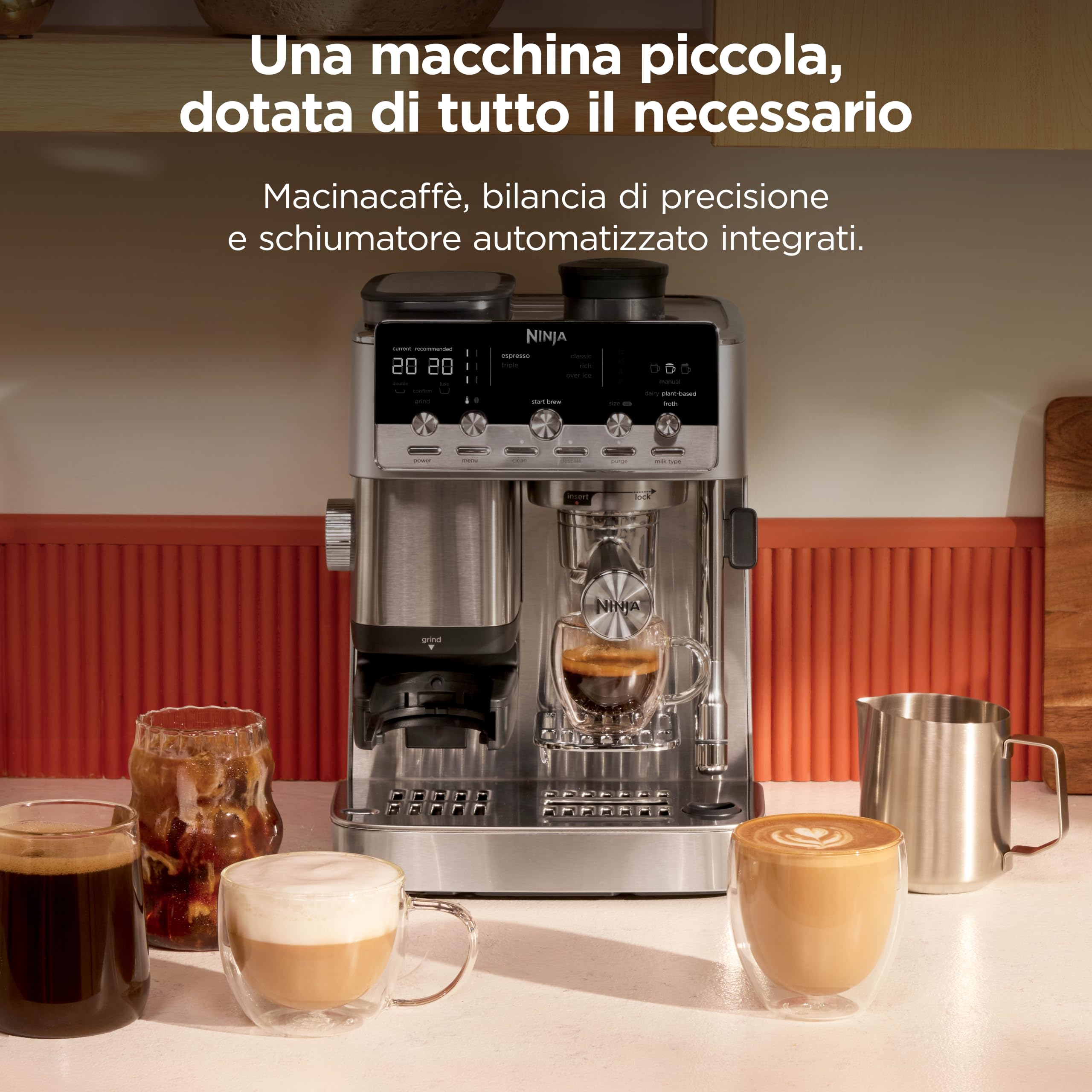 Ninja Luxe Café Mini 2-in-1, Macchina da caffè filtro ed espresso con macinacaffè integrato e montalatte automatico ES351EU