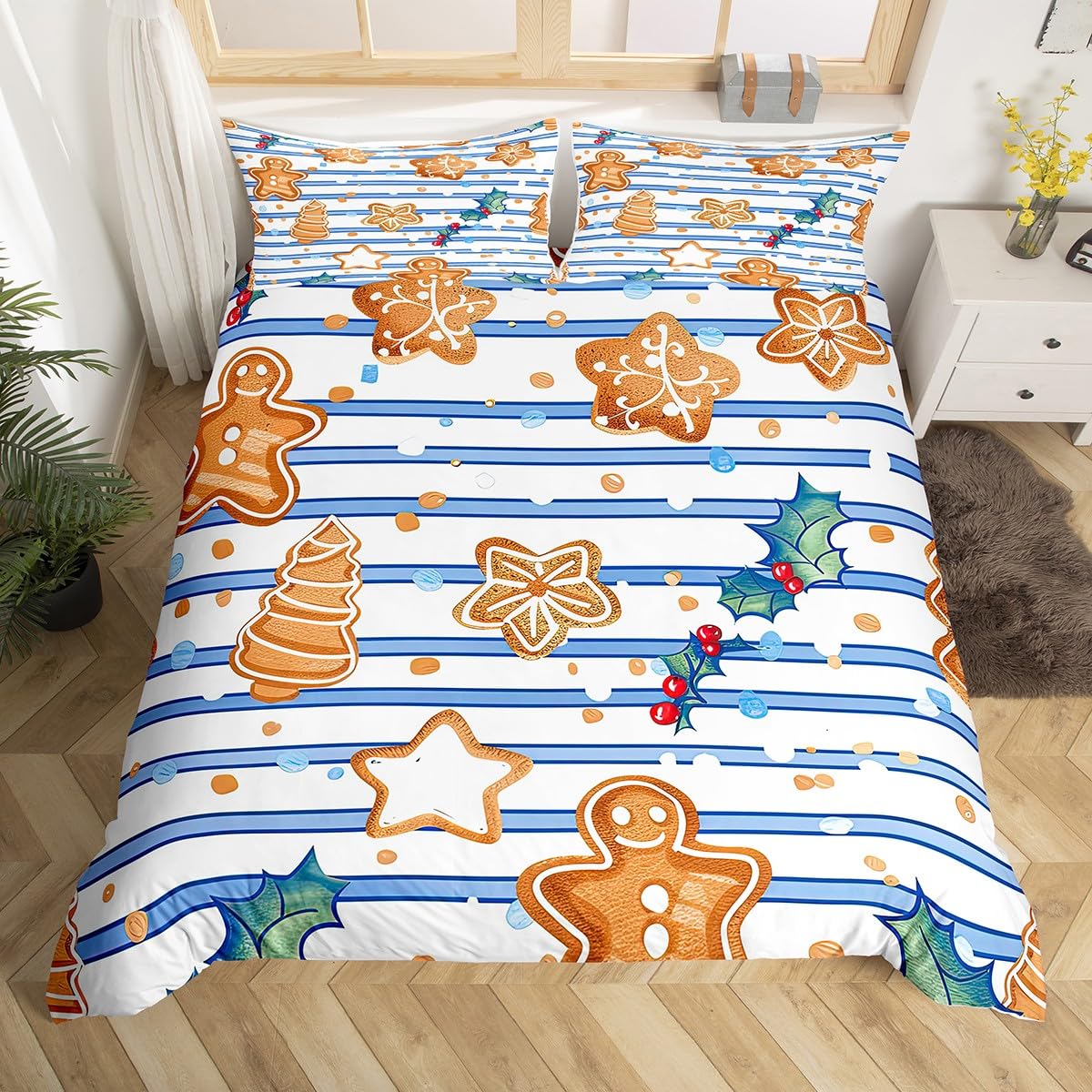 Loussiesd Merry Christmas Bedding Set Junior/Cot Bed Gingerbread Man Bedding Comforter Cover Set Decor Xmas Decor Duvet Cover Snowflake Bedspread Cover Bedroom Polka Dots Quilt Cover 2Pcs