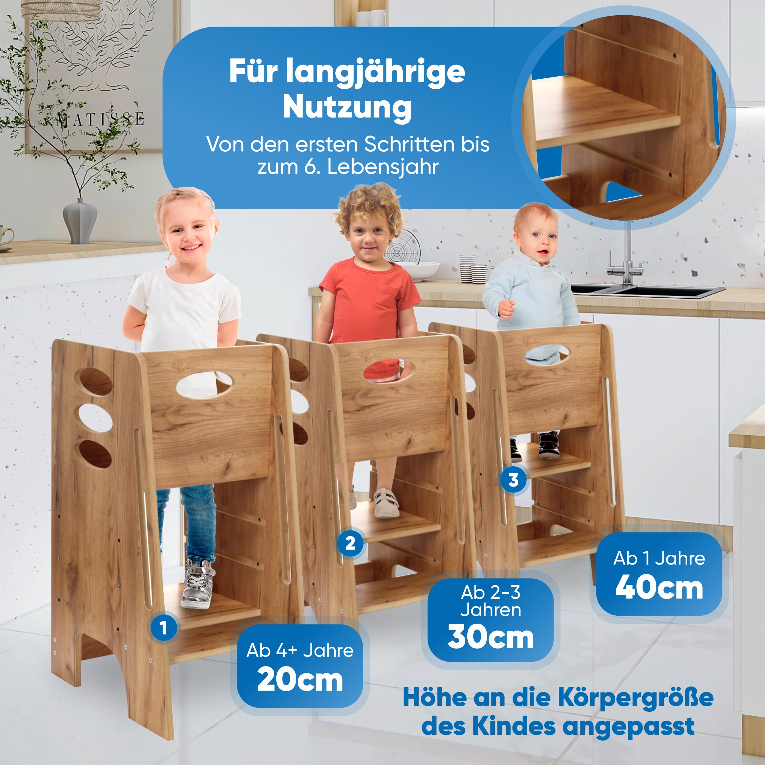 Kitchen Kids Helper Lernturm ab 1 Jahr - Höhenverstellbarer Lernturm Montessori Eiche 80cm - Sicherer Learning Tower für Kinder - Ideal für Küche & Bad - Stabile Konstruktion - Leichter Aufbau