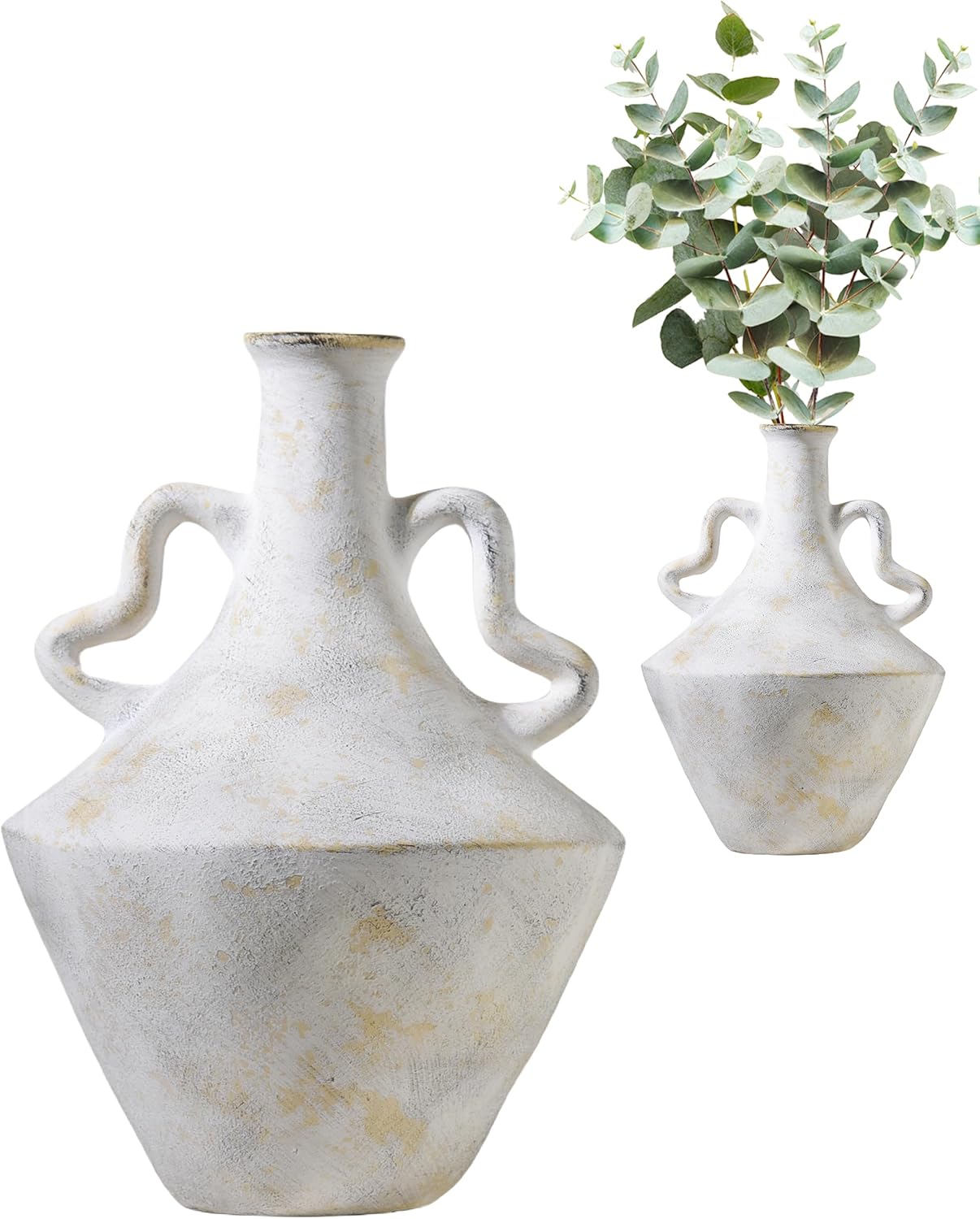 UPWOIGH 14 in Vintage-Inspired Distressed Ceramic Vase with Double Handles, White Handmade Look Flower Vase with Intentional Black Distressing, Modern Rustic Decorative Pottery for Living Room Table