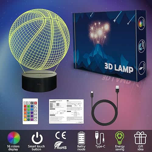 Miniatura 8 de Lámpara de regalo de cumpleaños con luz nocturna 3D de baloncesto, regalo de baloncesto, lámpara de ilusión 3D con control remoto, 16 colores