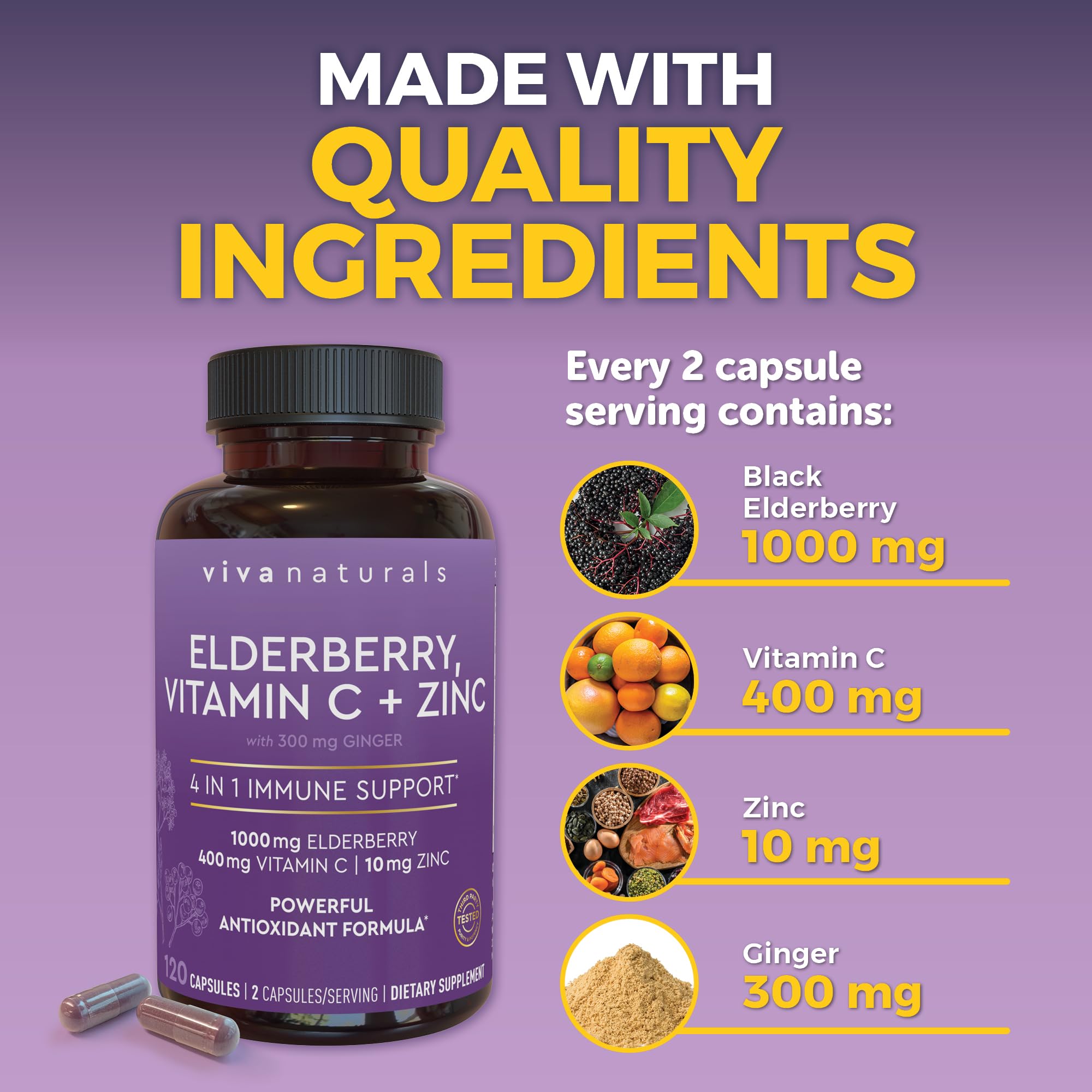 Viva Naturals Elderberry with Vitamin C and Zinc, 120 Capsules - 1000mg Sambucus Elderberry per Serving Immune Support Supplement, Black Elderberry Capsules for Adults, Elderberry Vitamins — Amazon image 6
