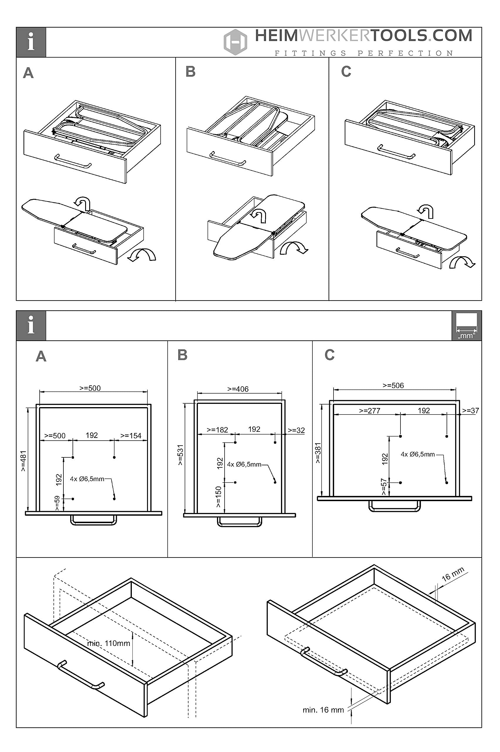 JUVA - Asse da stiro pieghevole IRONFIX con rivestimento argento - H10103 - Montaggio nel cassetto - Tavolo pieghevole estraibile - Made in Germany - 1 Set