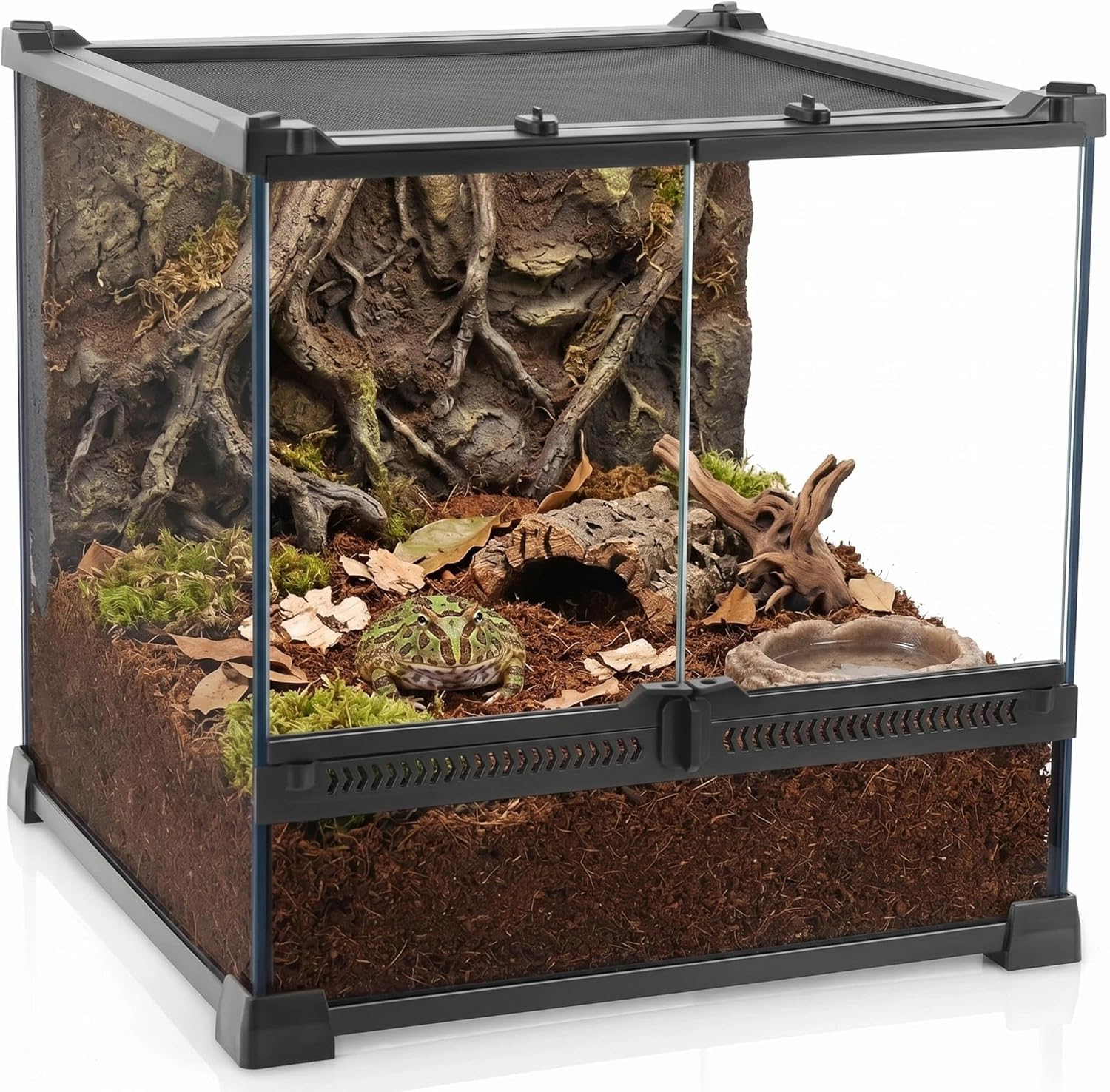 12"x12"x12" Reptile Terrarium, Double-Door Glass Terrestrial Vivarium for Tropical Amphibians Such as Pacman Frogs, with Lock, Cable Port & Waterproof Deep Base Below Front Doors