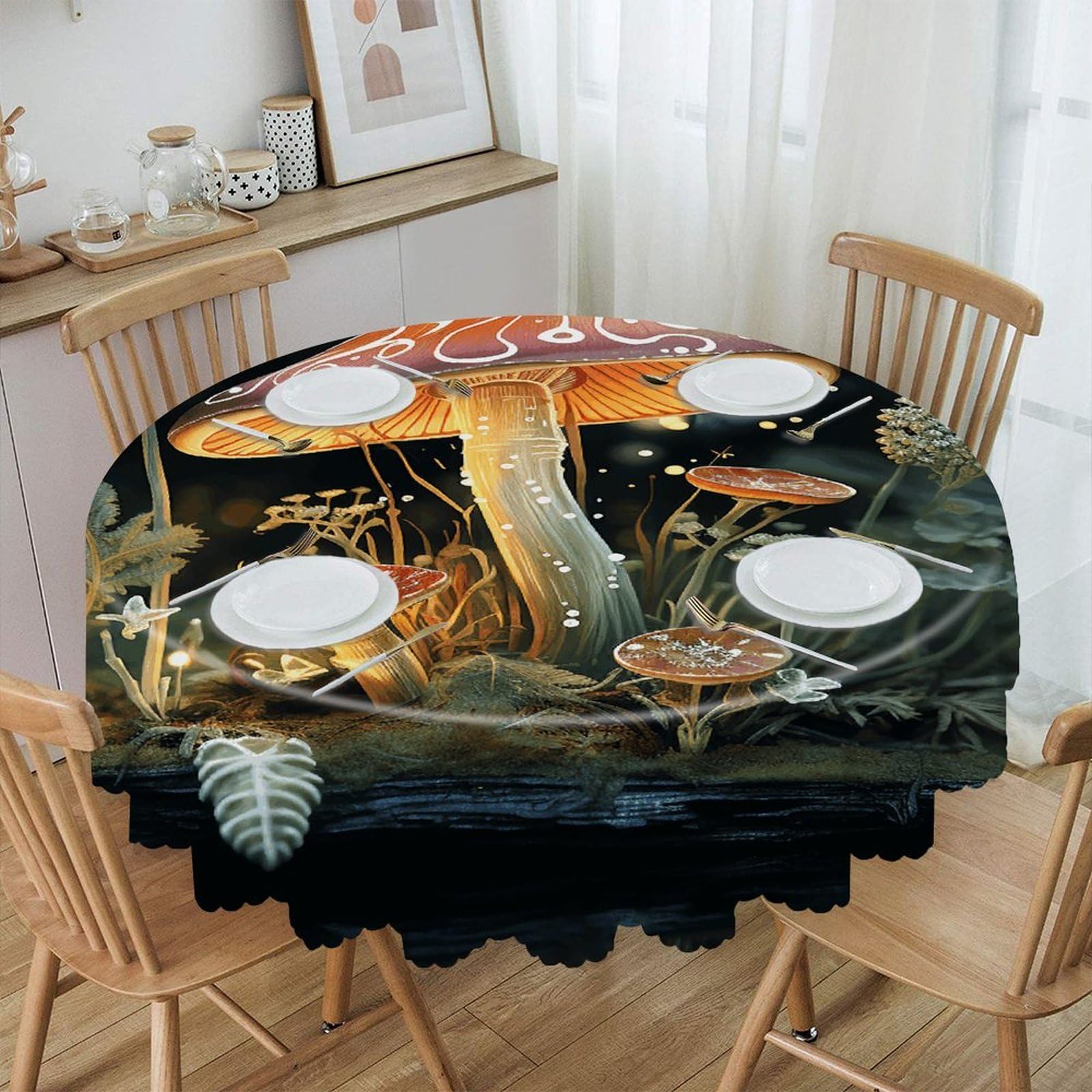 VstaDank 60 Inch Round Butterfly Mushroom Tablecloth Polyester Waterproof Wrinkle Free Table Cloth Spillproof Washable Table Cover Colorful Tablecover Decor for Home Kitchen Dining Party