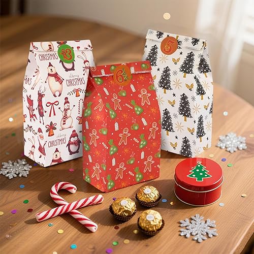 Miniatura 3 de STARRKY 24 bolsas de regalos de Navidad con calcomanías, bolsas de regalo de Navidad, 6 estilos para galletas, almuerzo, aulas, regalos de fiesta de