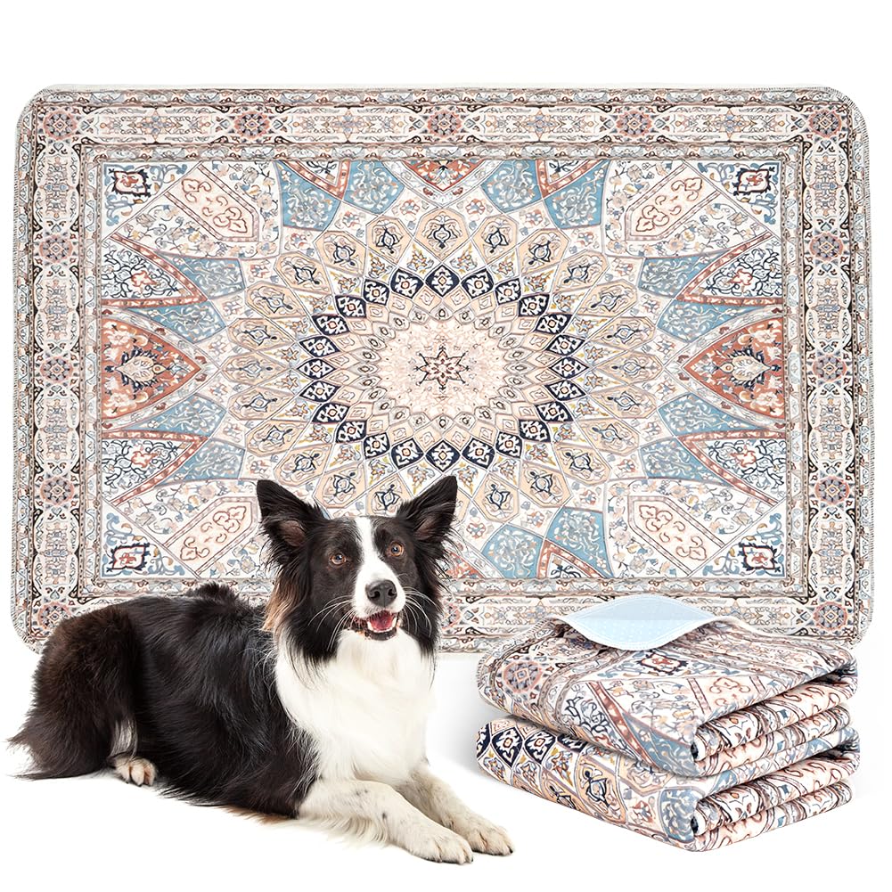 Deamoser Beige Medallion Washable Pee Pads For Dogs, 2 Pack Reusable Puppy Training Pads 67X102cm Super Absorbent Dog Pee Pad Waterproof Dog Training Pads, Non-Slip Potty Pads, Whelping Pads