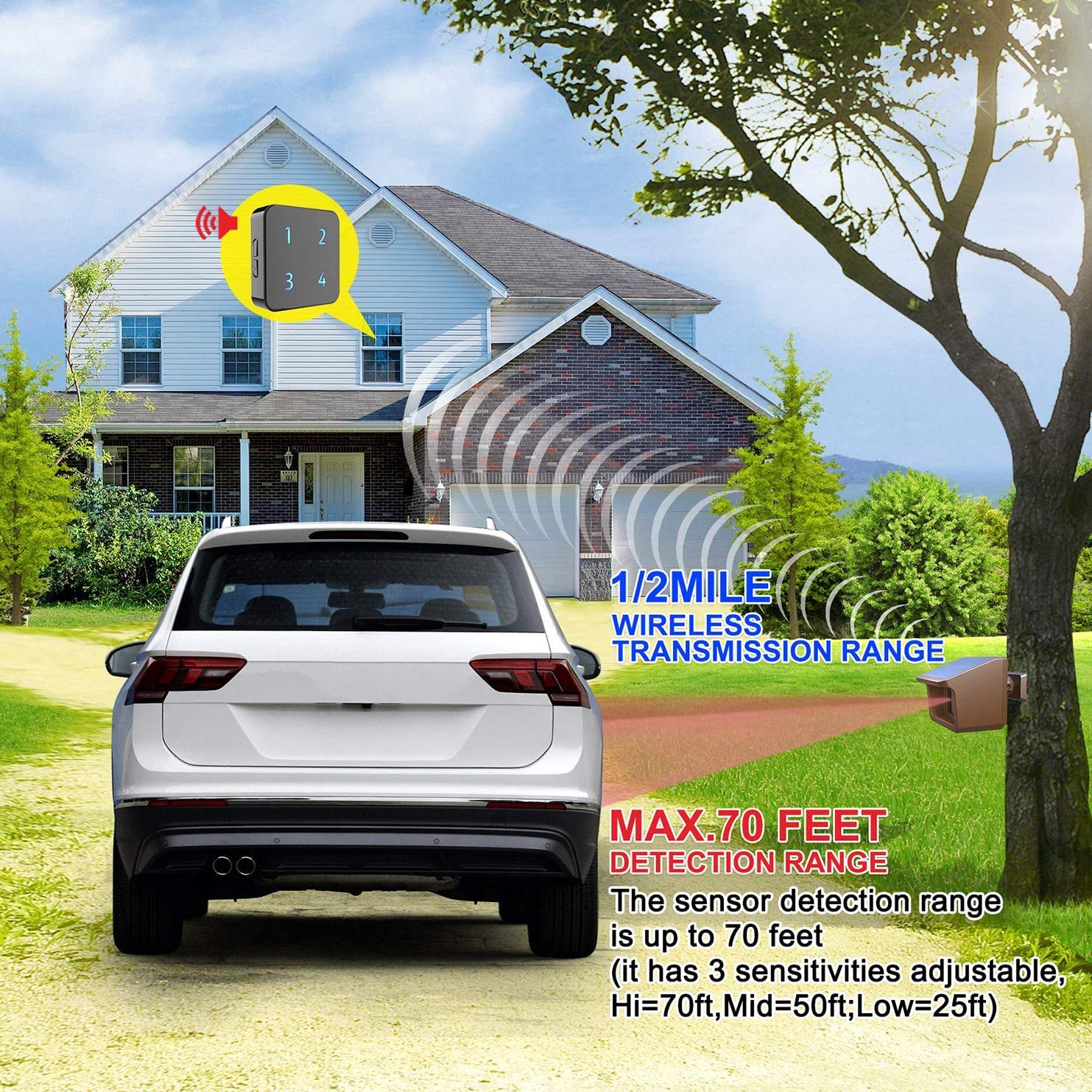 Sistema de Alarma Solar Remota de Entrada de 800m- 1 Receptor y 4 Sensores | 3 Niveles Ajustables de Sensibilidad - Sensor Impermeable de Exterior DIY Sistema de Alarma de Seguridad