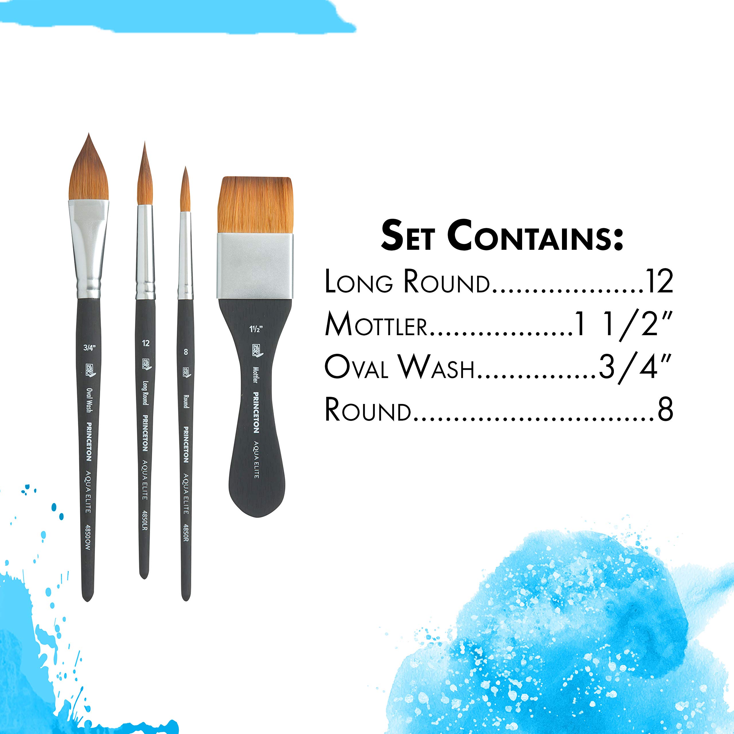 PRINCETON Aqua Elite, Pinceles para acuarela de bellas artes, Sintético Kolinsky Sable, Set de 4 pinceles, mango corto, Caja de plástico