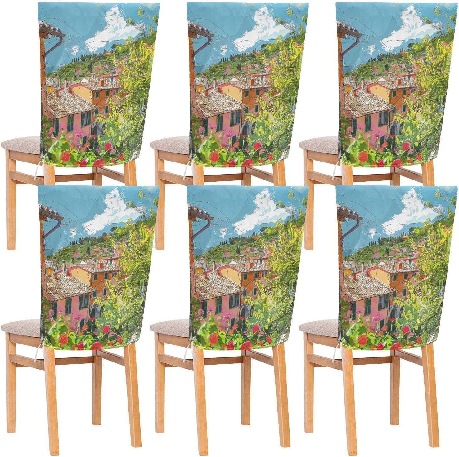 ALAZA Italy View Flowers Chair Back Cover Set of 6, Washable Reusable Removable Chair Slipcovers Decorative Chair Cover for Home Kitchen Wedding Party