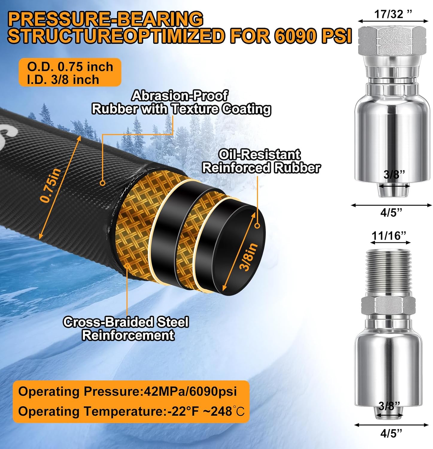 Frienda Hydraulic Hose 3/8" x 50 ft with 10 Pcs JIC 37° Female & NPF Male Hydraulic Hose Fittings – 4800 Psi Rated Tensile Steel Wire Braid for Industrial Construction Agricultural
