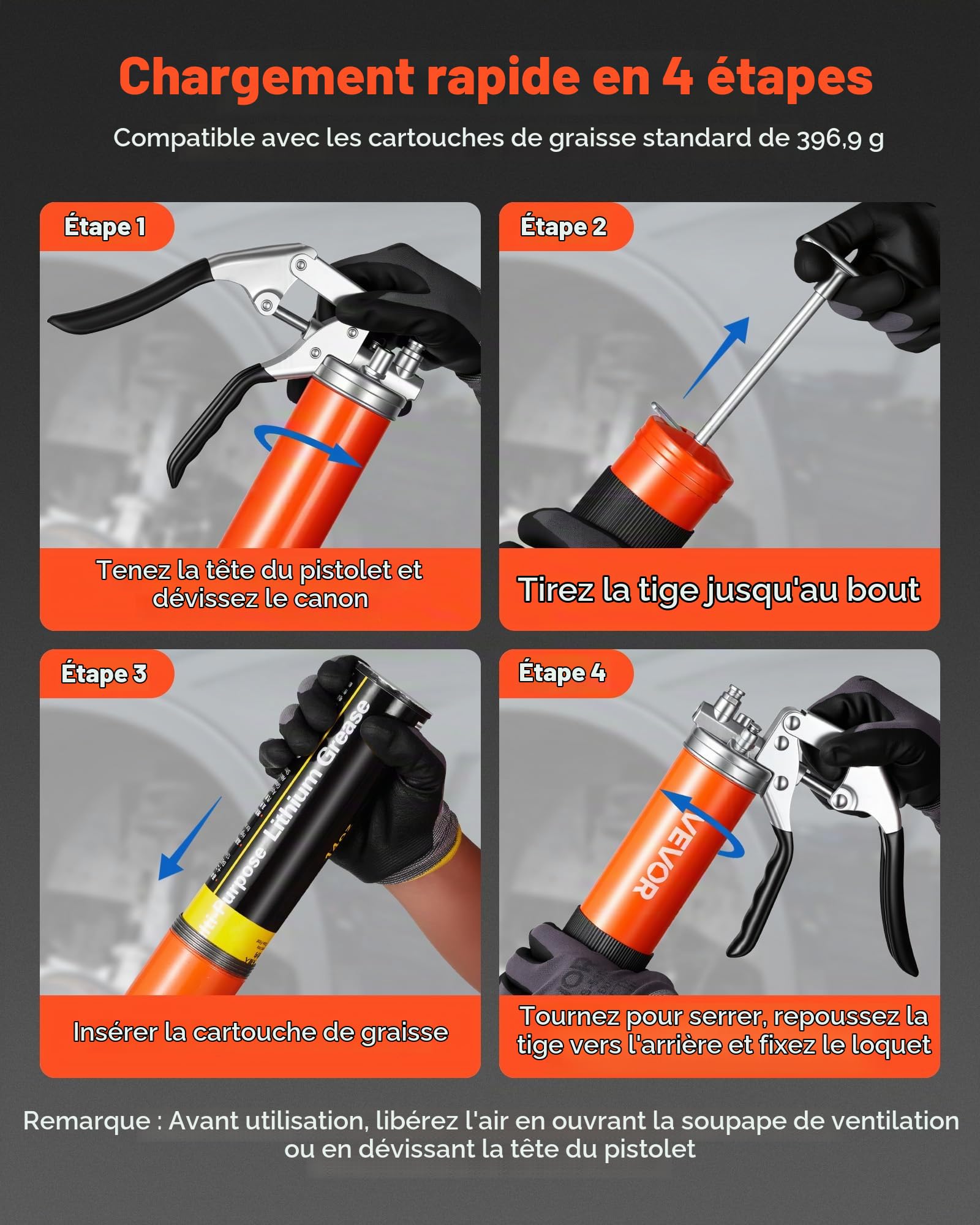 VEVOR Pistolet à Graisse Manuel 551 Bar Pistolet Graisseur à Poignée Capacité 0,4 L pour Machines Automobiles Agricoles Industrielles, Tuyau Flexible 45,7 mm Tube d'Extension Rigide et 1 Buse Pointue
