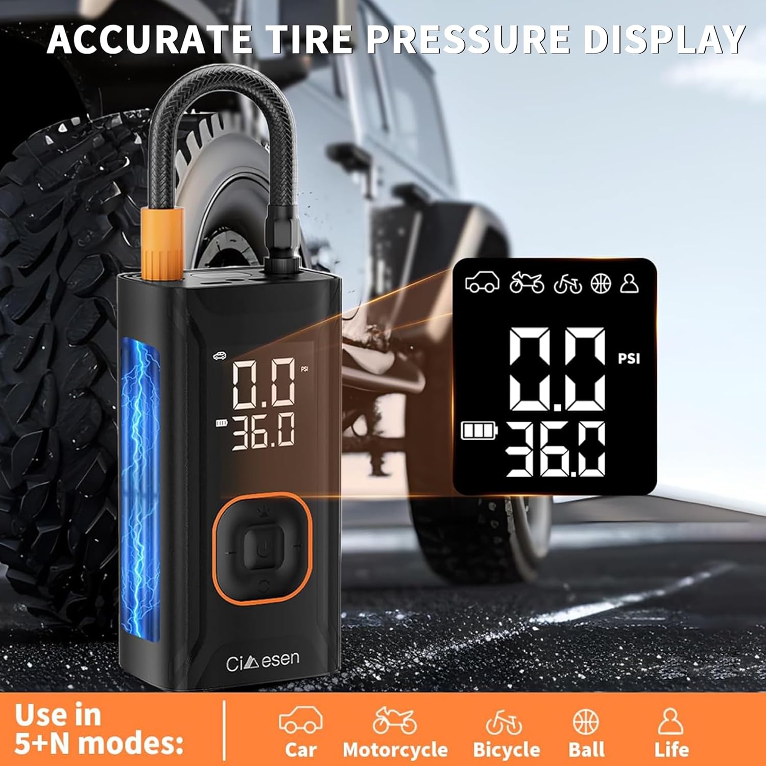 Tire Inflator Portable Air Compressor, 150PSI Portable Air Compressor with Accurate Pressure Gauge E-Bike Inflation Cordless Air Pump for Bike Pump Car Motorcycle Ball - Image 3