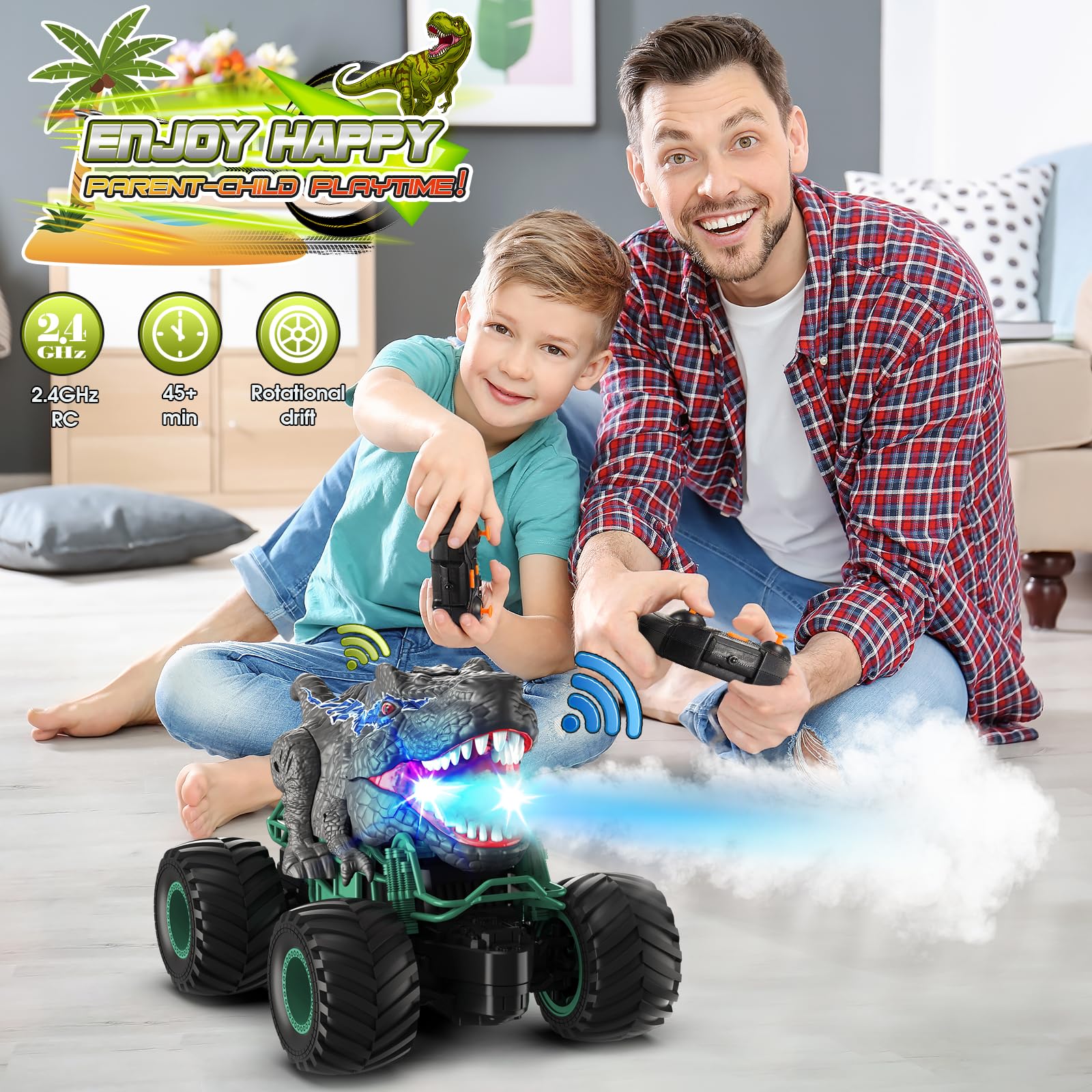 HappyGoLucky Voiture Telecommandé Enfant, Voiture Télécommandée Tout Terrain Dinosaure Jouet Garcon 3 4 5 6 7 8 Ans Jouet Enfant 3-12 Ans Monster Truck - Cadeau de Garcon Fille