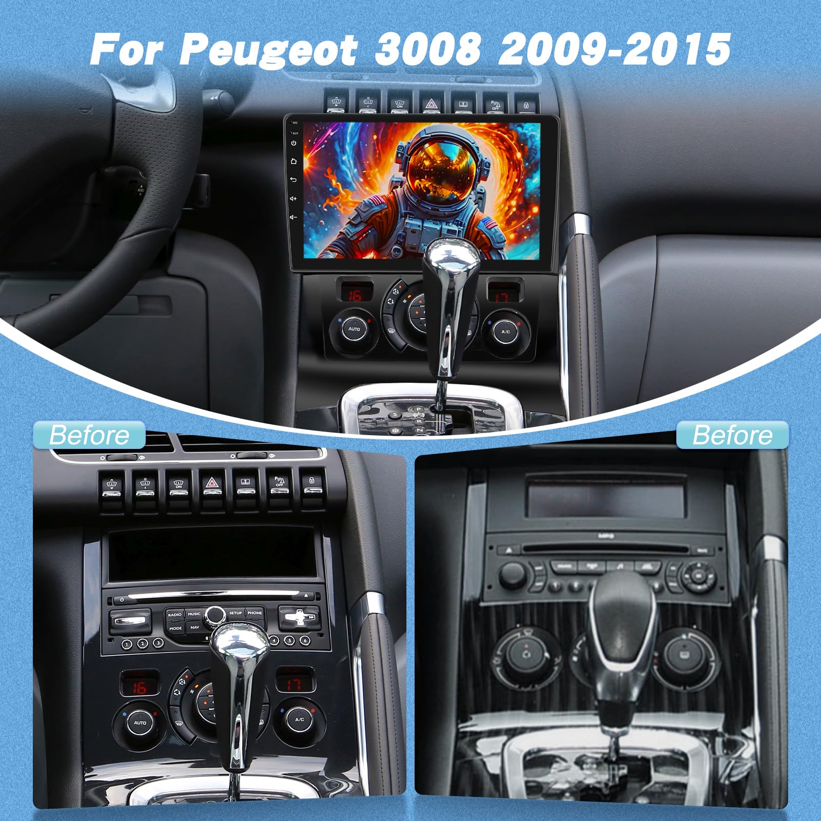 Android 2G+64G Autoradio pour Peugeot 3008 2009-2015, Wireless Carplay & Android Auto Radio à Écran Tactile 9 Pouces avec WiFi/GPS/Bluetooth/EQ/FM RDS Radio+Caméra de Recul +Mic