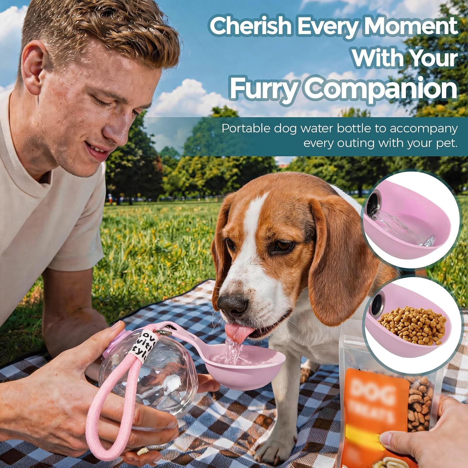 Portable 10oz Dog Water Bottle, Leakproof Cup with Folding Silicone Bowl | KCHEMHUHU Lightweight Break-Resistant & BPA-Free, for Small Medium Dogs, Hiking, Camping & Outdoor Use, Pink