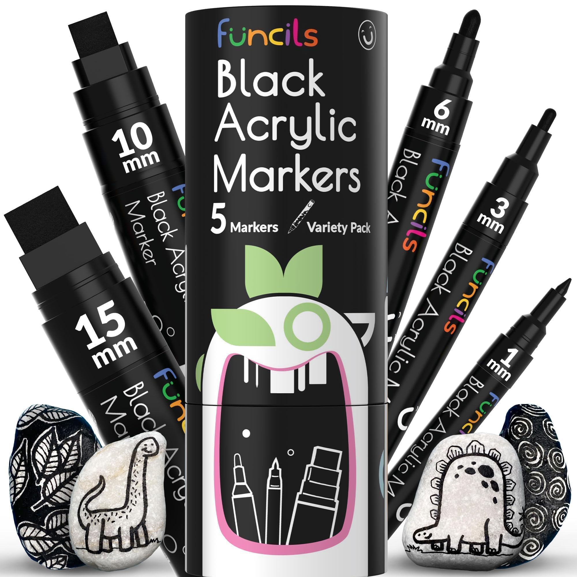 Funcils 5 Acrylic Black Paint Pen - Fine Tip, Thin Point & Jumbo Pens (1mm, 3mm, 6mm, 10mm, 15mm) - Black Paint Marker for Plastic, Canvas, Wood, Rock Painting, Fabric, Tire, Metal, Glass