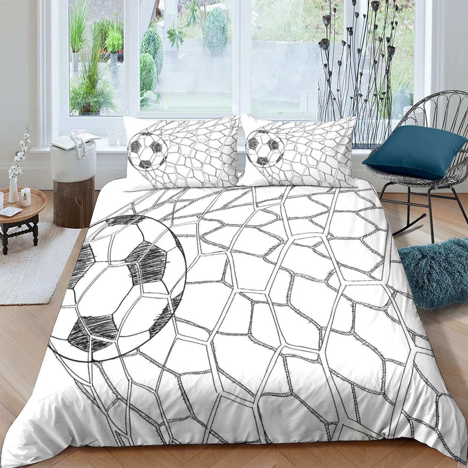 GPLZQXKJNH 3D Printed Football Net Duvet Cover Microfiber White Soccer Bedding Set with 2 Pillowcases for Bedroom Decor Single（135x200cm）