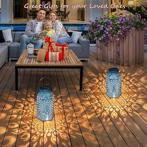 Miniatura 9 de Farol grande solar, colgante, para jardín y uso al aire libre, de metal, impermeable, LED, lámpara de mesa decorativa (azul)