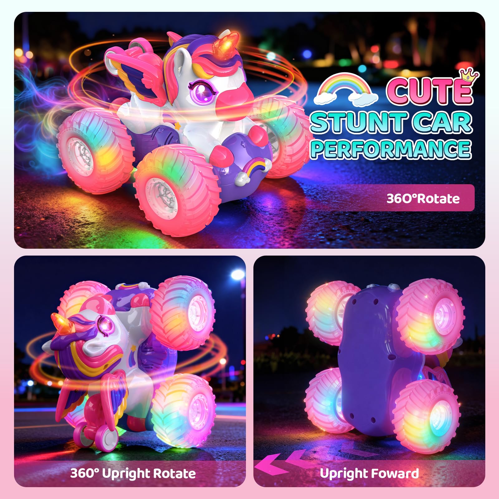 HappyGoLucky Macchina Telecomandata per Bambini Bambina, Unicorno Giocattolo, 2,4 GHz, Luce LED, Capovolte a 360°, Monster Truck Auto Giochi Regalo Bambina 3-12 Anni Femmina - Regali Natale
