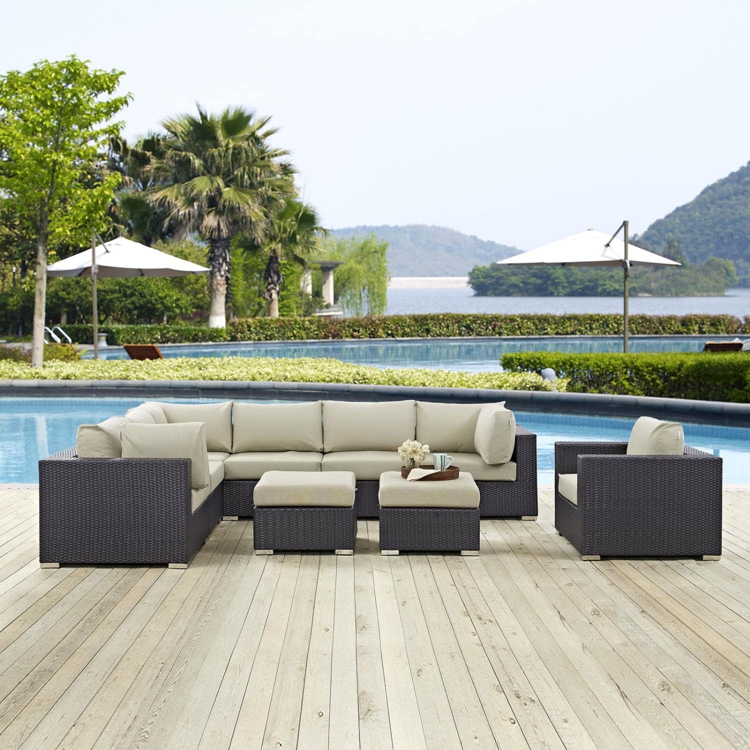 Modway Convene Wicker Rattan 9-Piece Outdoor Patio Sectional Sofa Furniture Set in Espresso Beige