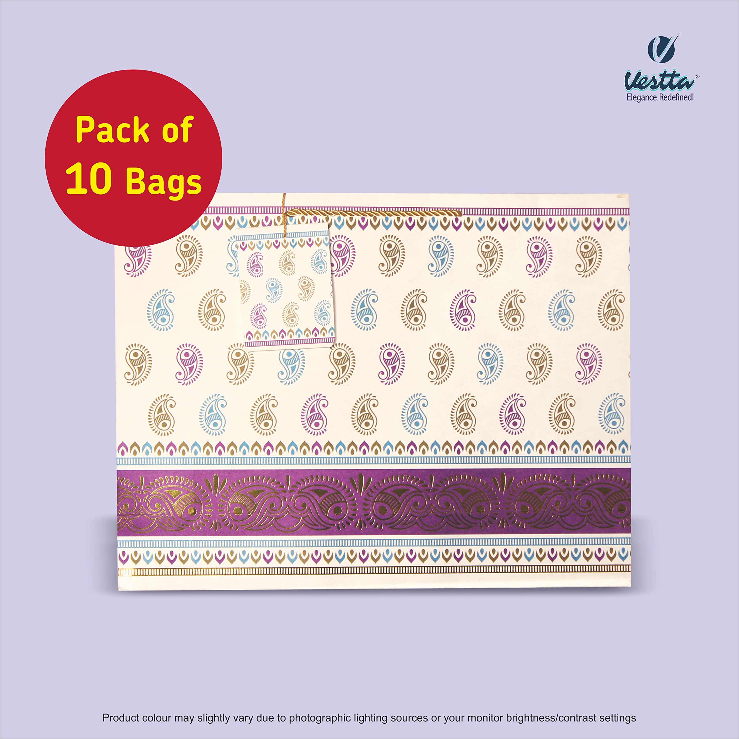 VESTTA -ELEGANCE REDEFINED, Gifts Bags, Extra Large, 17 (L) x 5 (B) x 13 (H) Inches, Pack of 10, Traditional Paisley Golden Border, Matt Finish, for Weddings, Diwali with Gift Tags (Purple)