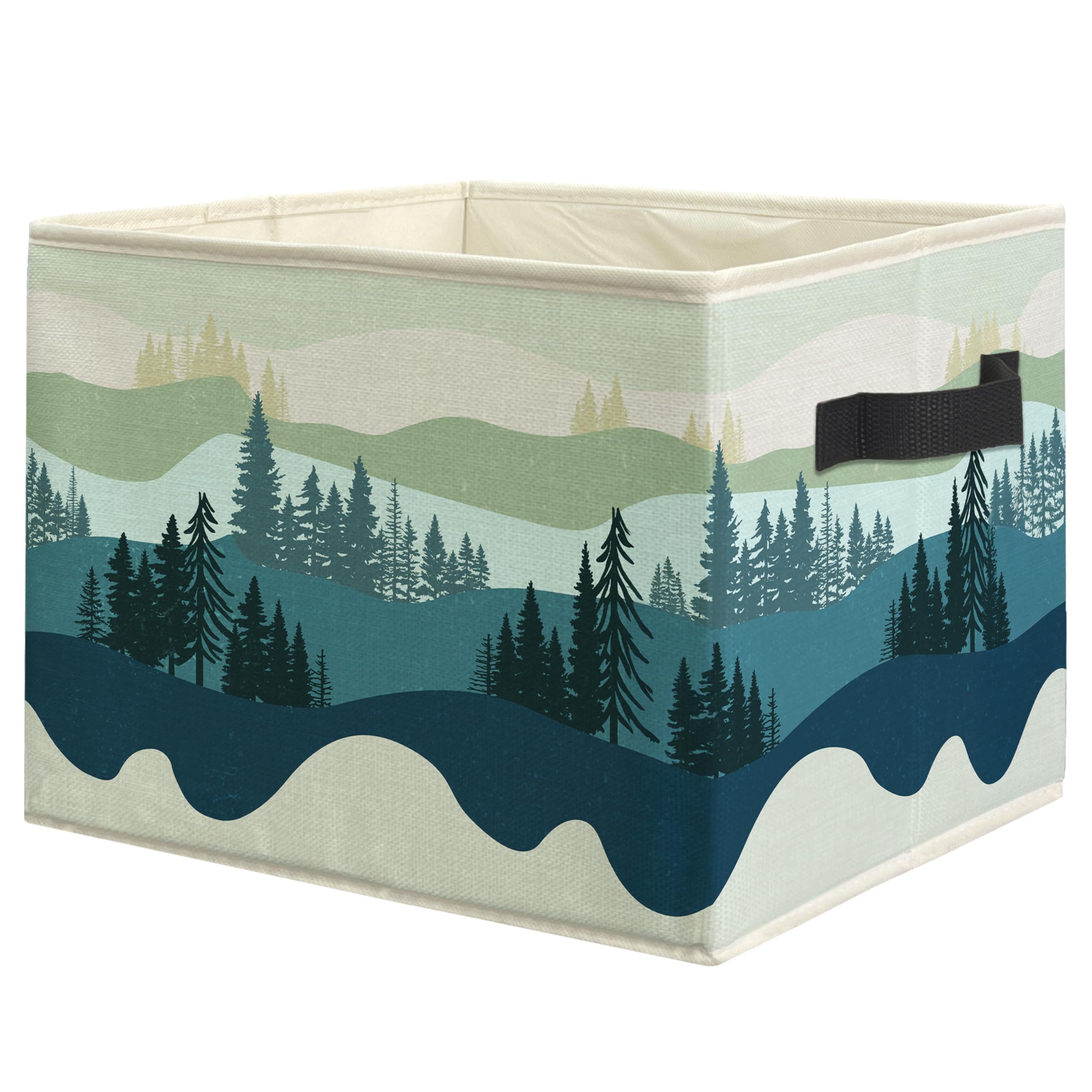 Boho Abstract Forest Mountain Storage Bin Box with Handles, Watercolor Mountain Landscape Foldable Linen Fabric Laundry Basket for Home Bedroom Bathroom Clothes Toys Books