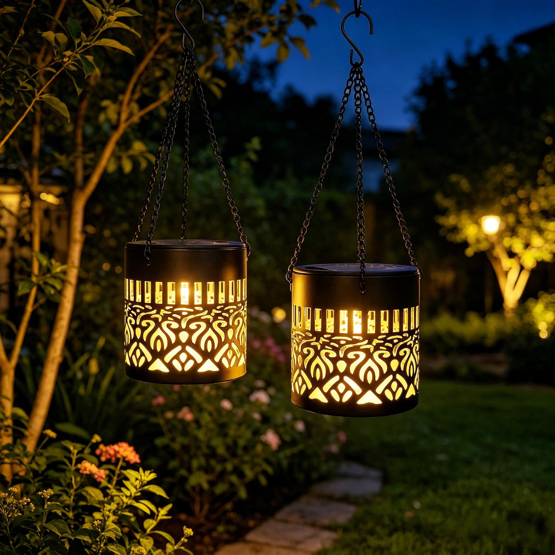 AVEKI Solar Outdoor Fence Lights, 2 Pack Solar Powered Metal Hanging Lights, Outdoor Waterproof Solar Lanterns Garden Patio Backyard Yard Post Decor, Gardening Gifts for Women Mom (Hang-Mandala)