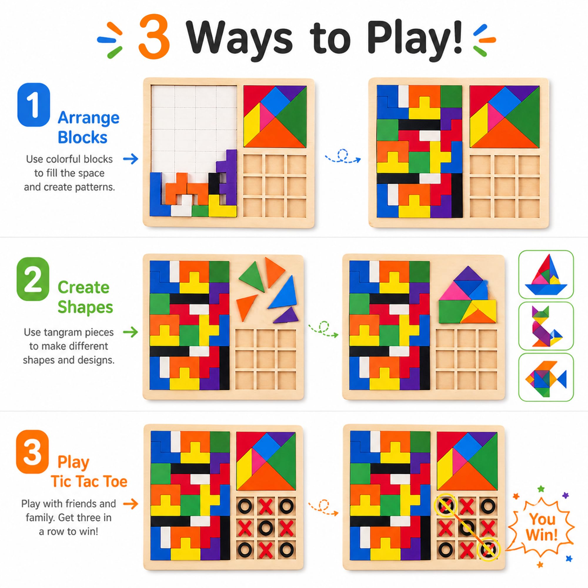 Wudly 3in1 Wooden Puzzle Toy for Kids Tetris Tangram Tic Tac Toe Board Montessori Educational Brain Development Toys for 3–7 Years Logic & IQ Game Birthday Gift for Boys Girls Learning Toy 2