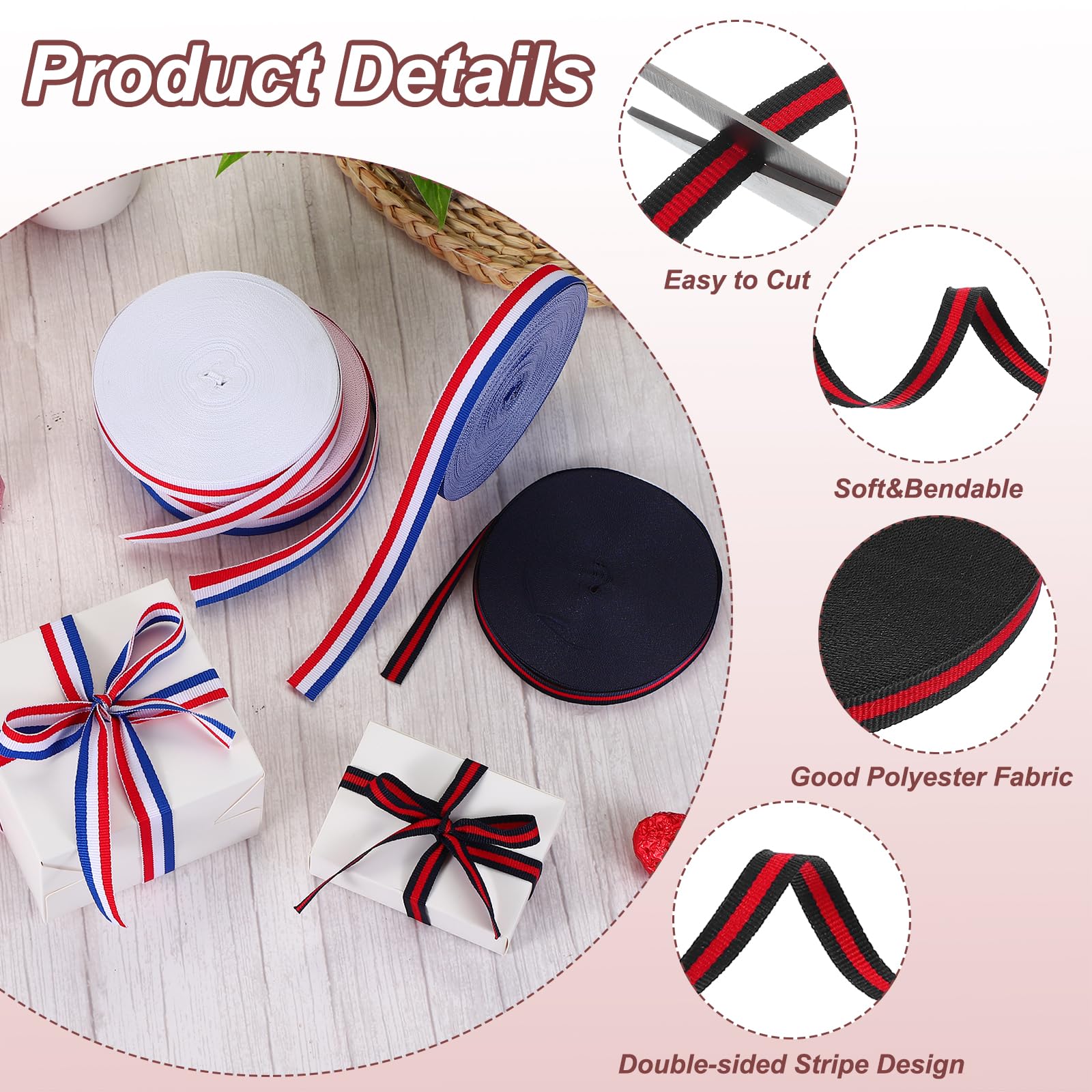 PATIKIL 5/8" Black Red Striped Grosgrain Ribbon - Image 3