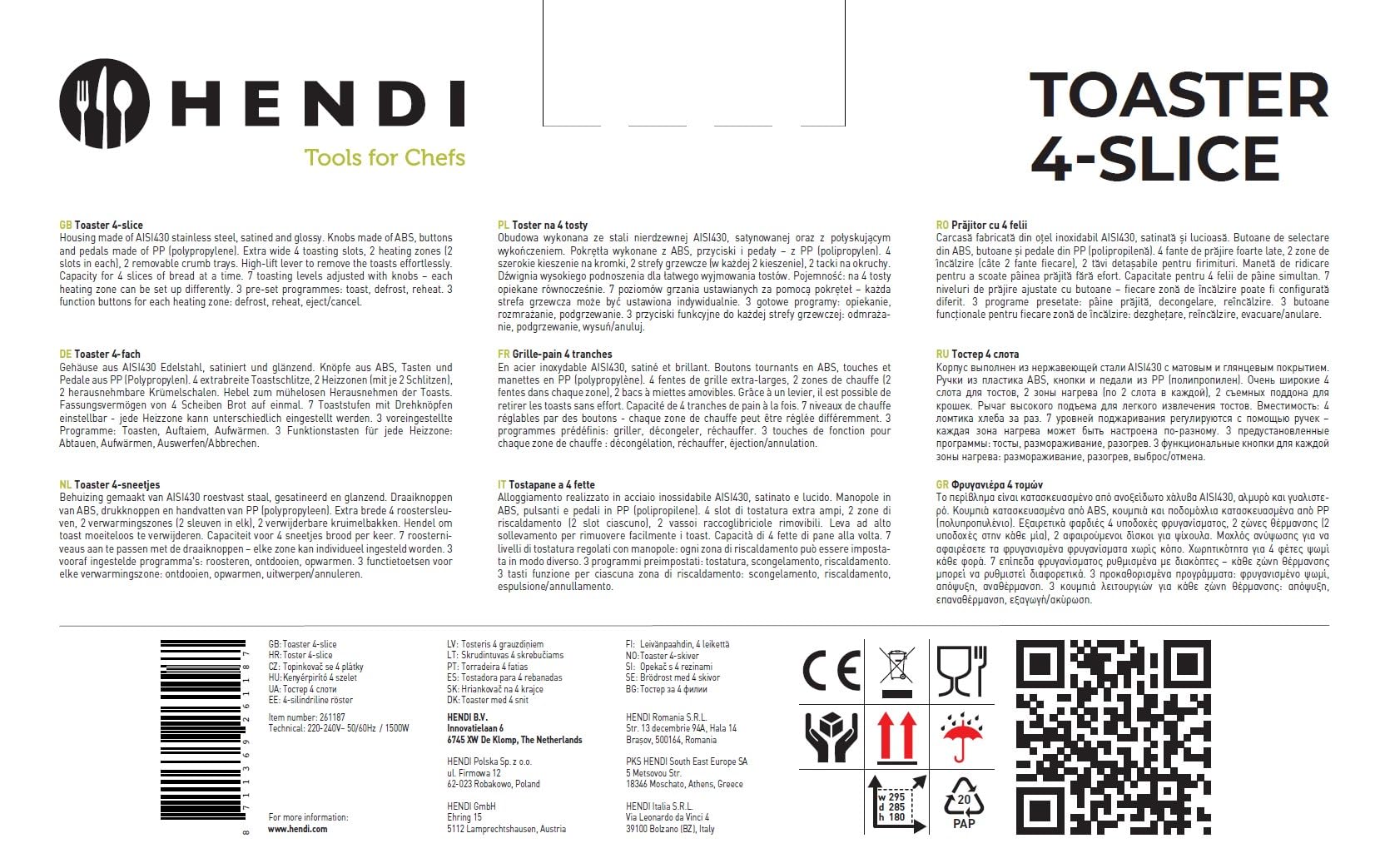 HENDI Tostapane, 4 scanalature extra larghe, 2 zone di riscaldamento, 7 livelli di doratura, 3 funzioni: toast, scongelamento e riscaldamento, 240V, 1500W, 295x335x(H)180mm, acciaio inox
