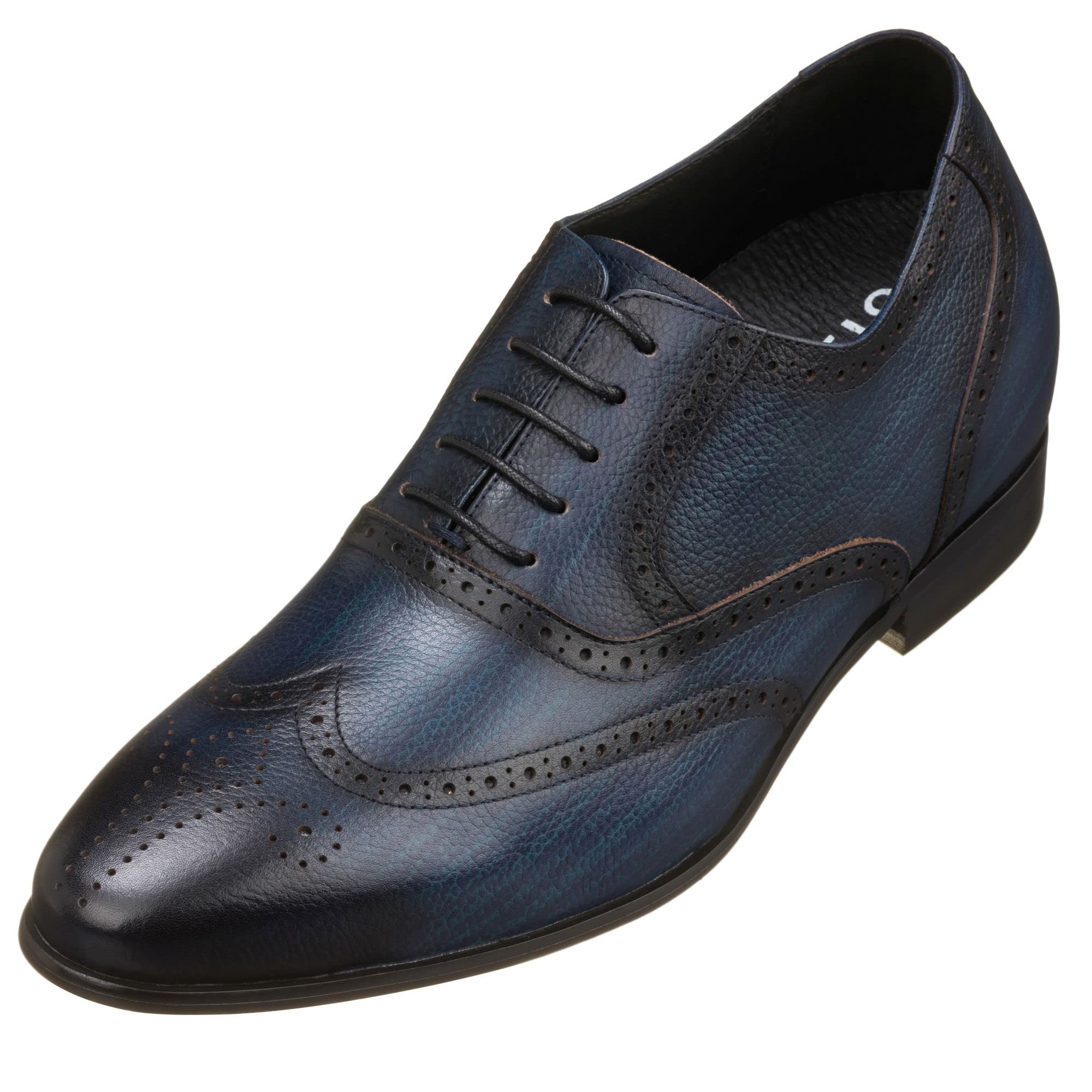 CALTO Men's Invisible Height Increasing Elevator Shoes - Dark Blue Premium Leather Lace-up Wing-tip Dress Formal Oxfords - 2.8 Inches Taller - K20812