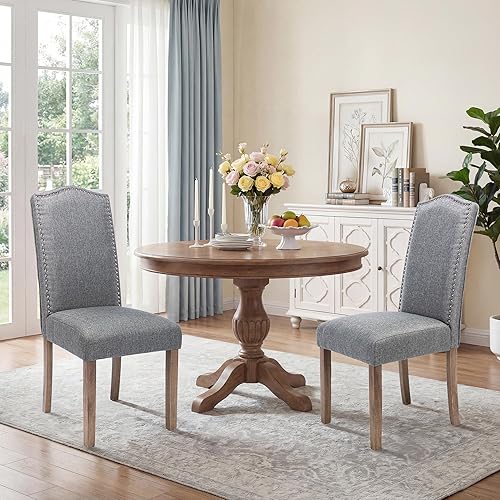 Miniatura 24 de Silla de comedor tapizada elegante Parsons con respaldo alto con ribete plateado de cabeza de clavo y patas de madera, paquete de 6, color marrón
