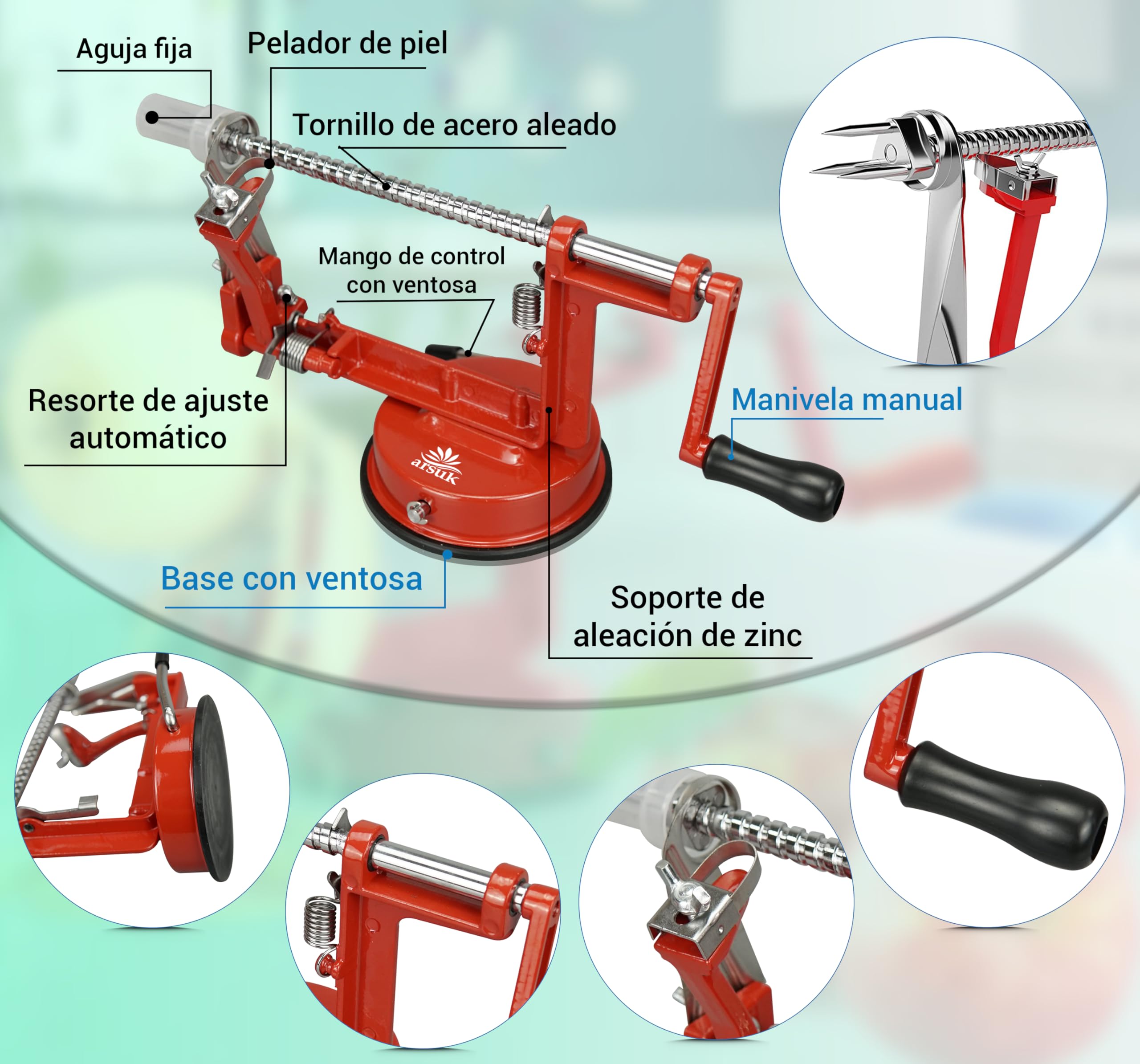 ARSUK 3 en 1 Pelador de Manzanas Manual con Cuchillas de Repuesto, Acero Inoxidable Ajustable