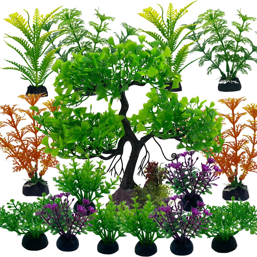 Vibury Decoración de Plantas de árbol de Acuario, 16 Piezas Plantas Verdes de Acuario de Plástico, Decoración de Resina para Decoración de Acuarios y Peceras
