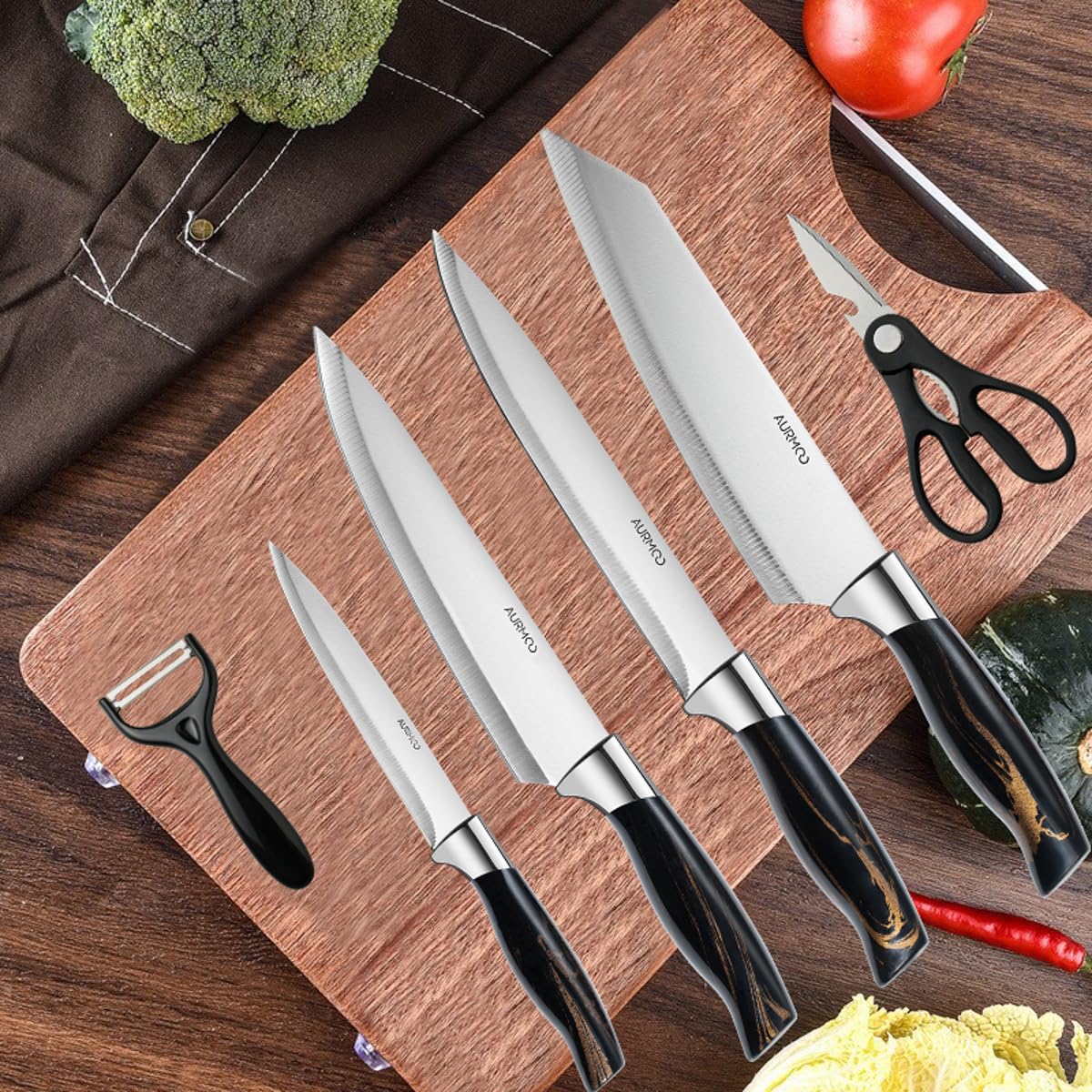 Set di Coltelli da Cucina Professionali, Set Coltelli da Cucina, Coltello da Cuoco, Coltello da Taglio, Coltellos Universale, Coltelli da Tavola e Utensili Cucina, Forbici, 6 Pezzi
