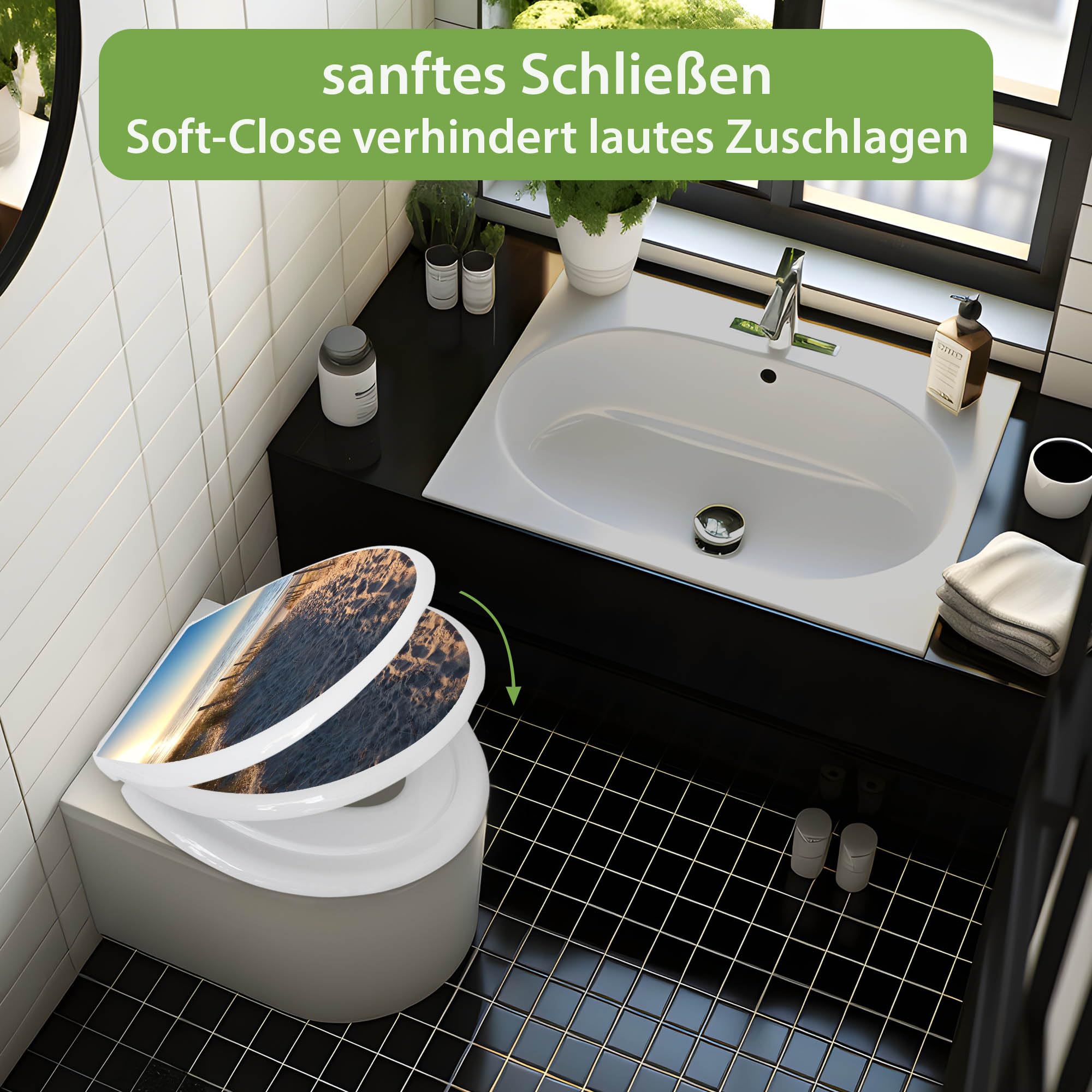 banjado Familien WC Sitz mit Absenkautomatik 44,9x37,1cm - Klobrille mit Kindersitz aus hochwertigem Polypropylen - Toilettendeckel mit Kinder Toilettensitz integriert - Motiv Nordseestrand
