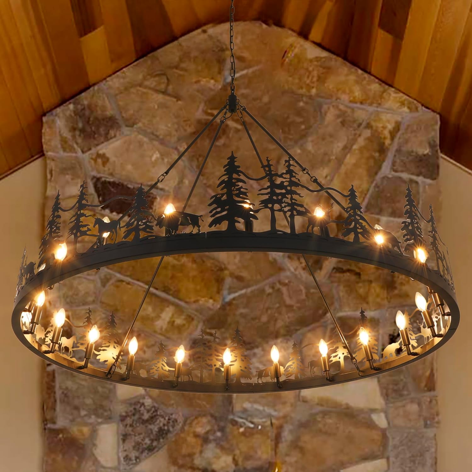 Wellmet Black Wagon Wheel Chandelier, Extra Large Rustic Wagon Wheel Pendant Light for Dining Room, Forest Wagon Wheel Chandelier for Living Room, Bedroom, Entryway, Hallway, Cafe, Bar 60''W 60inch L