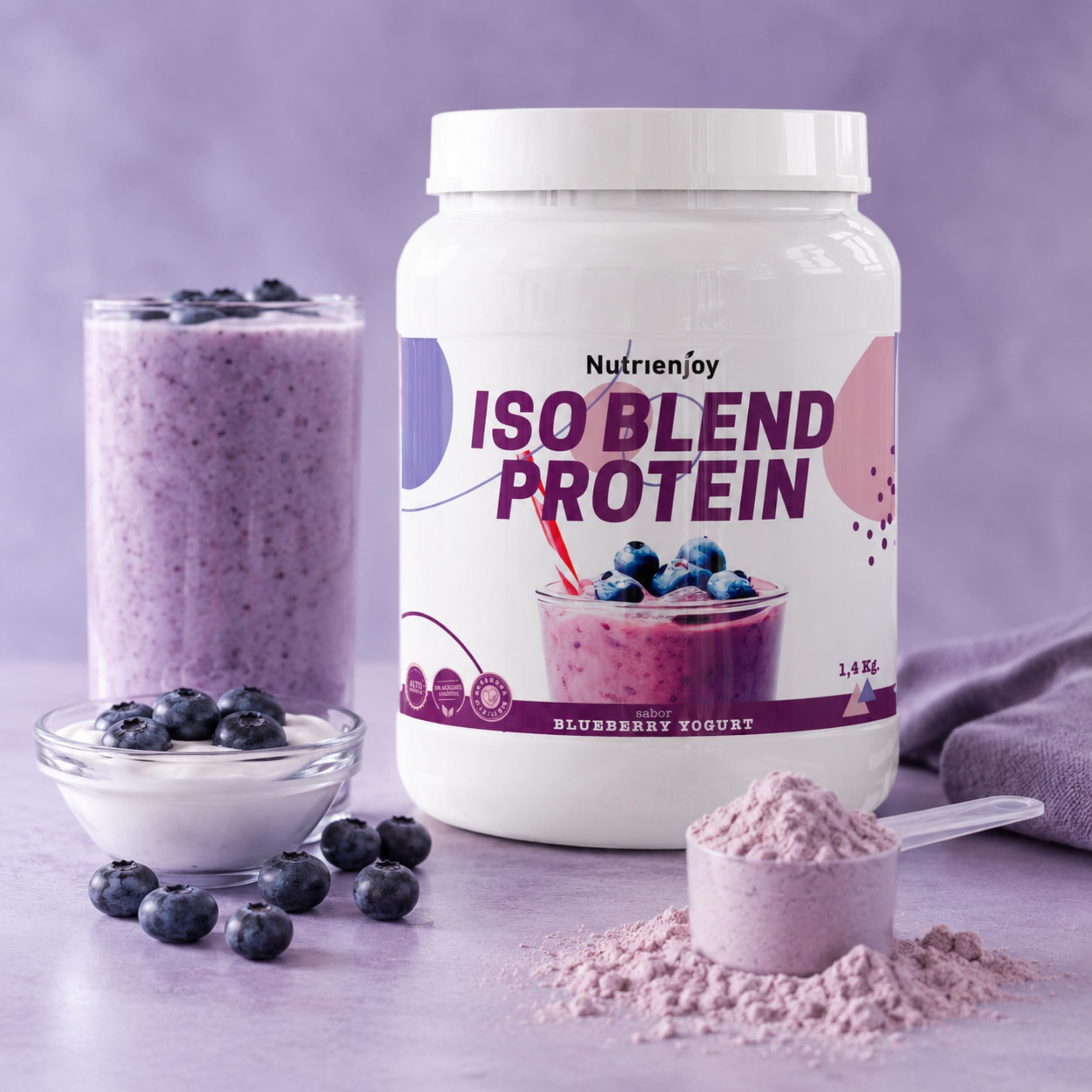 Proteína en Polvo ISO + Whey | 1,4kg | Para Ganar Masa Muscular | Recuperación Rápida y Sostenida | 27g de Proteína por Toma | Bajo en Azúcar y Apta Vegetarianos | Sabor Blueberry Yogurt - Nutrienjoy