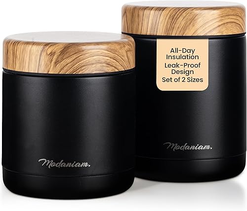 Juego de 2 tarros de alimentos aislados de acero inoxidable (16 onzas + 12 onzas), boca ancha, termo de sopa para almuerzo de comida caliente,