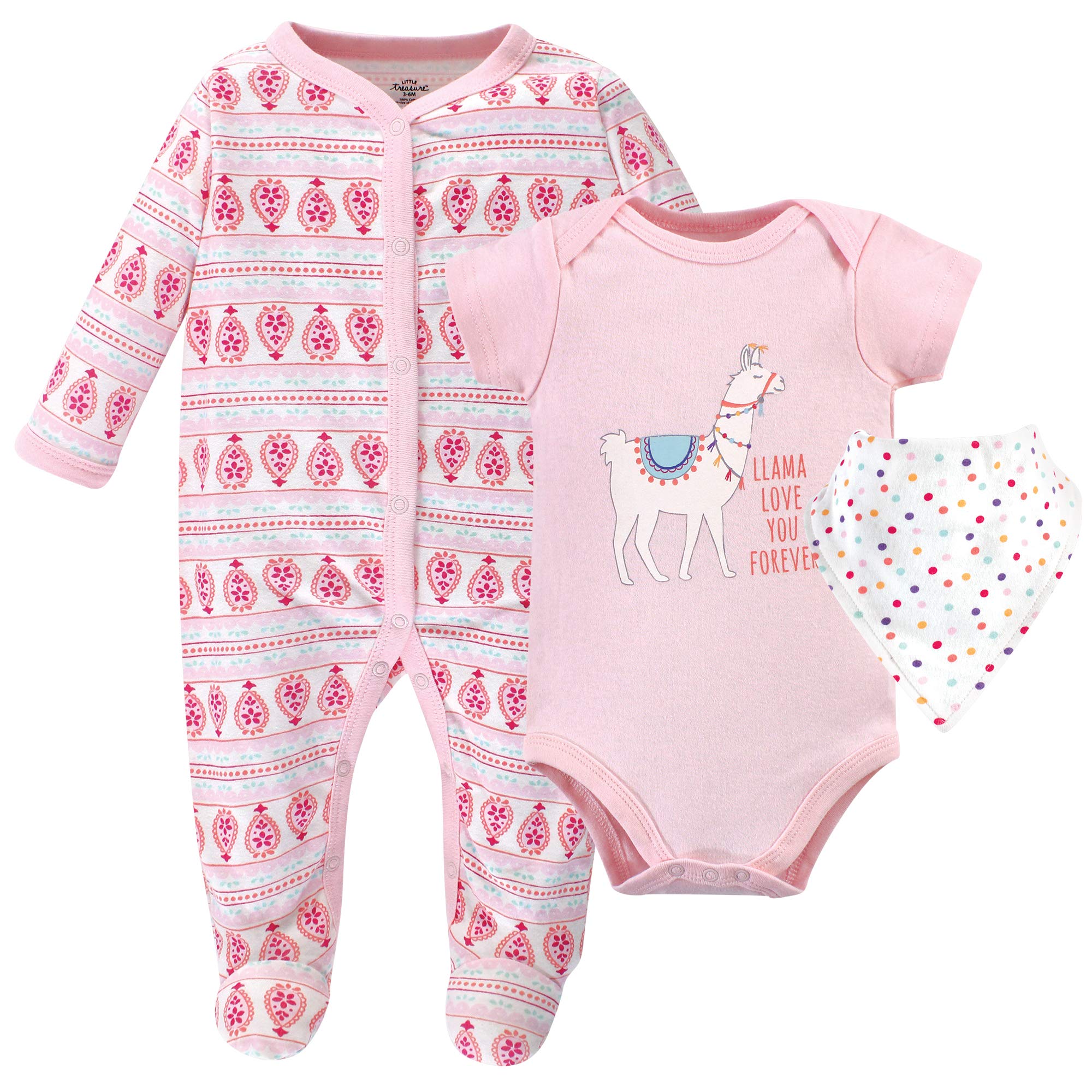 Little Treasure Baby Girls' Sleep and Play, Bodysuit and Bib, 3-Piece Set