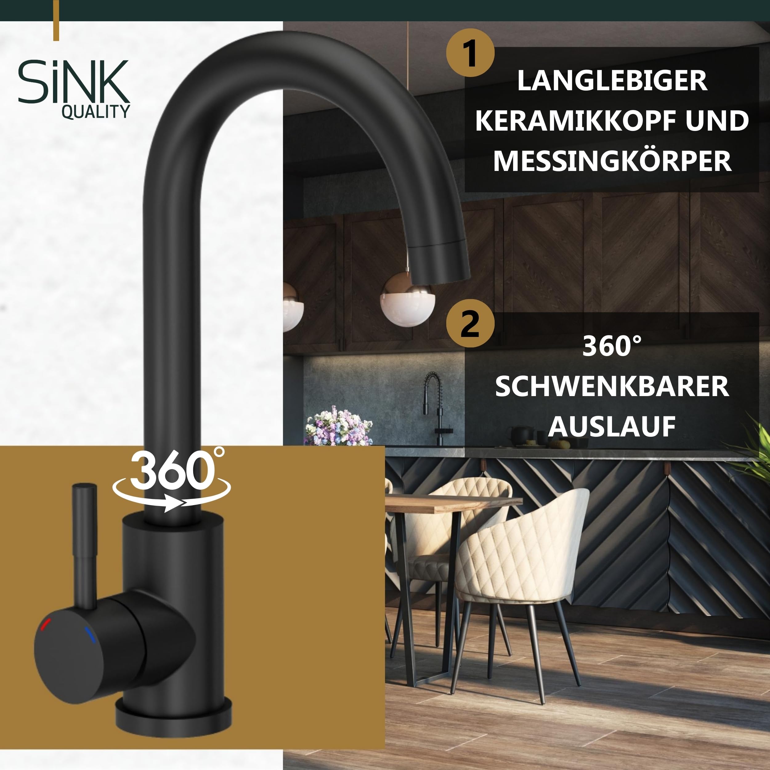 SINK QUALITY lavello rotondo con rubinetto Ø 51 cm – lavello in granito nero con rubinetto, sifone e impregnazione – lavello da cucina rotondo in granito per sottolavelli a partire da 55 cm di