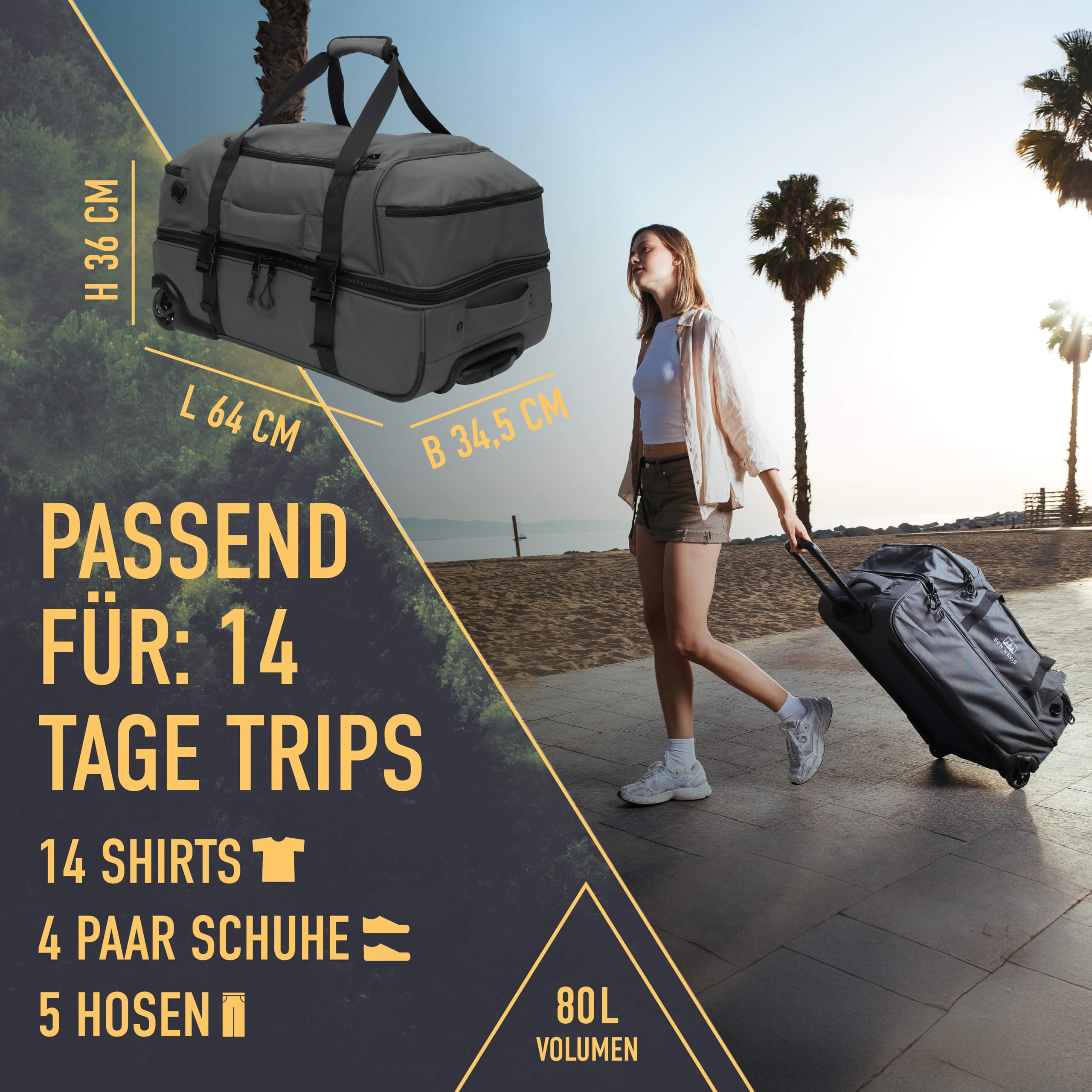 BEN NEVIS Reisetasche mit Rollen 80l [Recycelt] – 3-in-1 Tasche & Trolley & Rucksack | Luggage | Faltbare Reisetasche Damen und Herren Groß | Reisetaschen Rucksackfunktion | Travel Bag | Duffel Bag