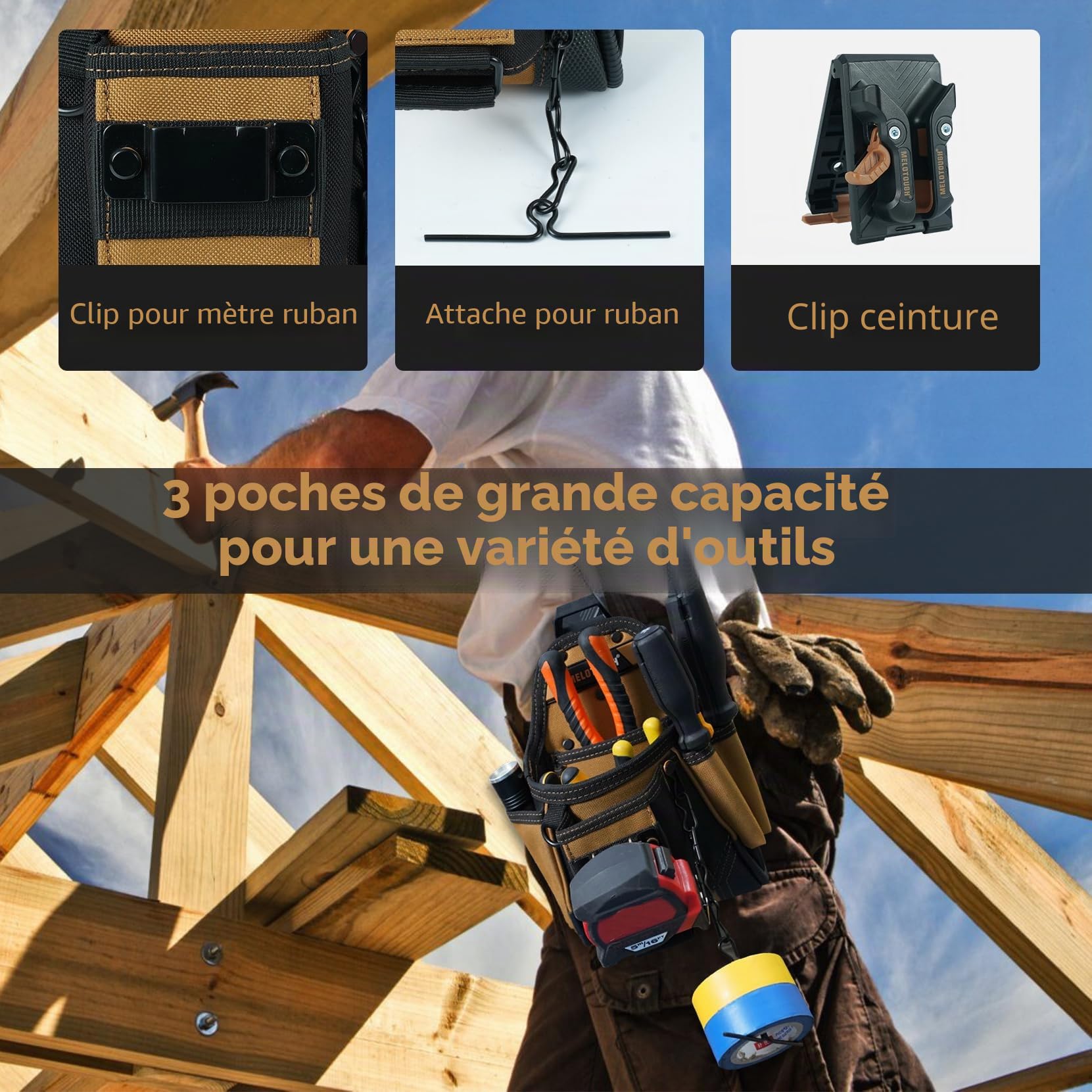 MELOTOUGH Pochette à outils avec clip de ceinture, 9 poches, sac à outils pour homme de travail, pochette avec ruban adhésif, étui à outils d'électricien