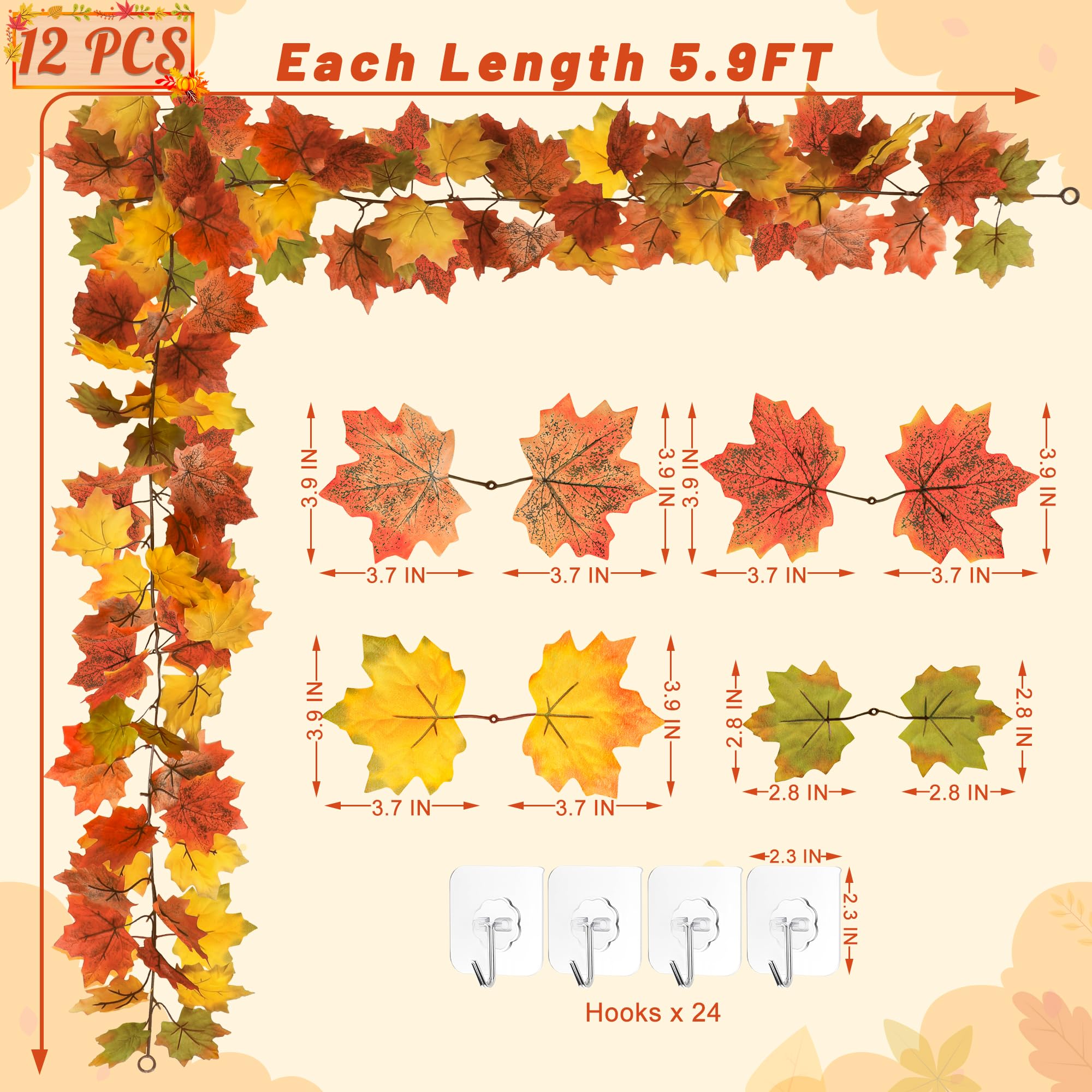 Helimoto Herbstgirlande, Herbstgirlande, 24 Haken, künstliche hängende Herbstdekorationen für Zuhause für Herbst, Erntedankfest, Hochzeit, Party, Kamin, Mantel, Wand, Outdoor-Dekorationen, 12 Stück