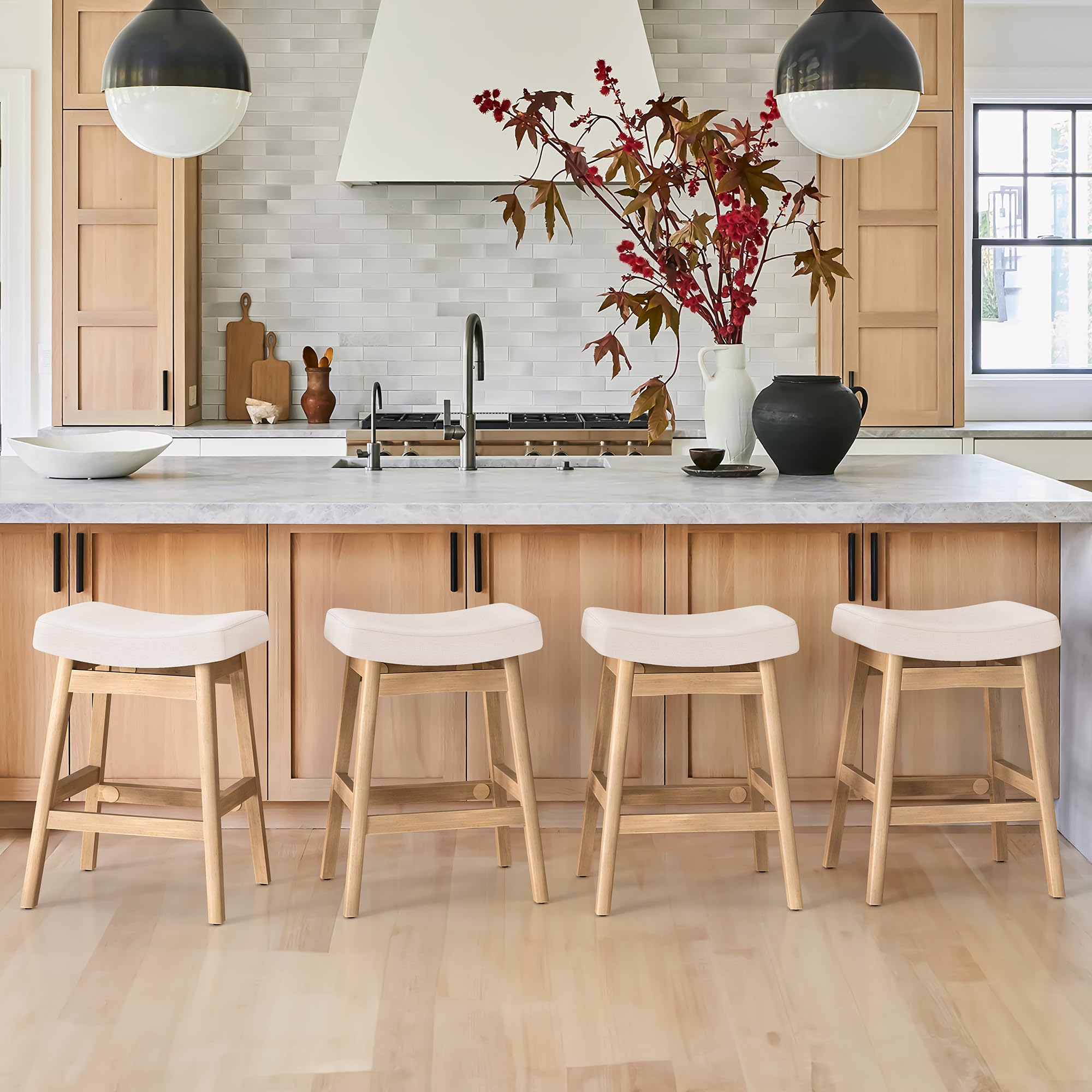 LUE BONA Set di 3 Sgabelli da Bar, Sgabelli da Bar Alti 61 cm, Sgabelli da Cucina con Seduta in Tessuto e Poggiapiedi, Sgabello da Bar Moderno per Ristorante, Soggiorno, Bar, Beige